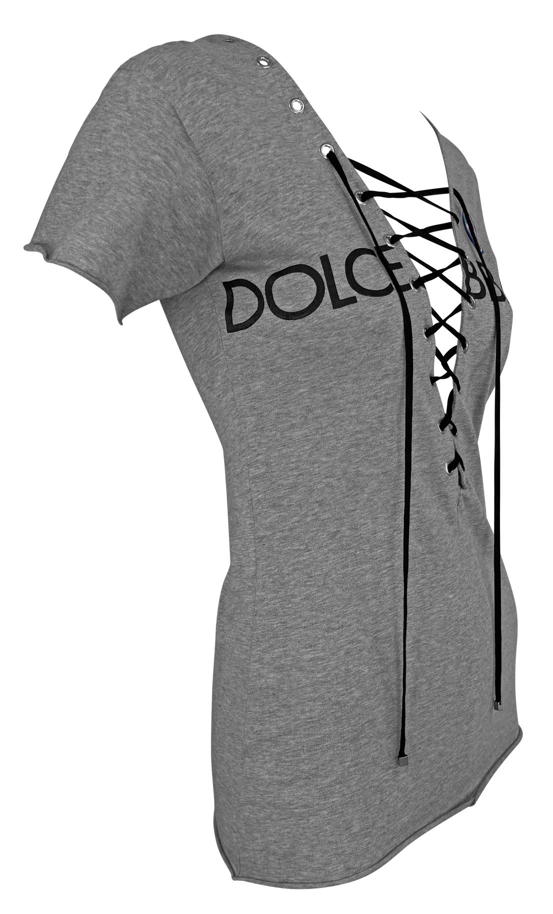 S/S 2003 Dolce & Gabbana Plunging Lace-Up Logo Print Grey T-Shirt Top For Sale 2