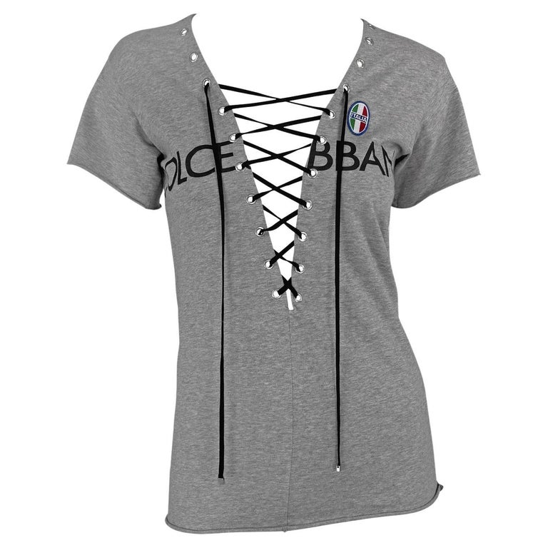 S/S 2003 Dolce and Gabbana Plunging Lace-Up Logo Print Grey T 