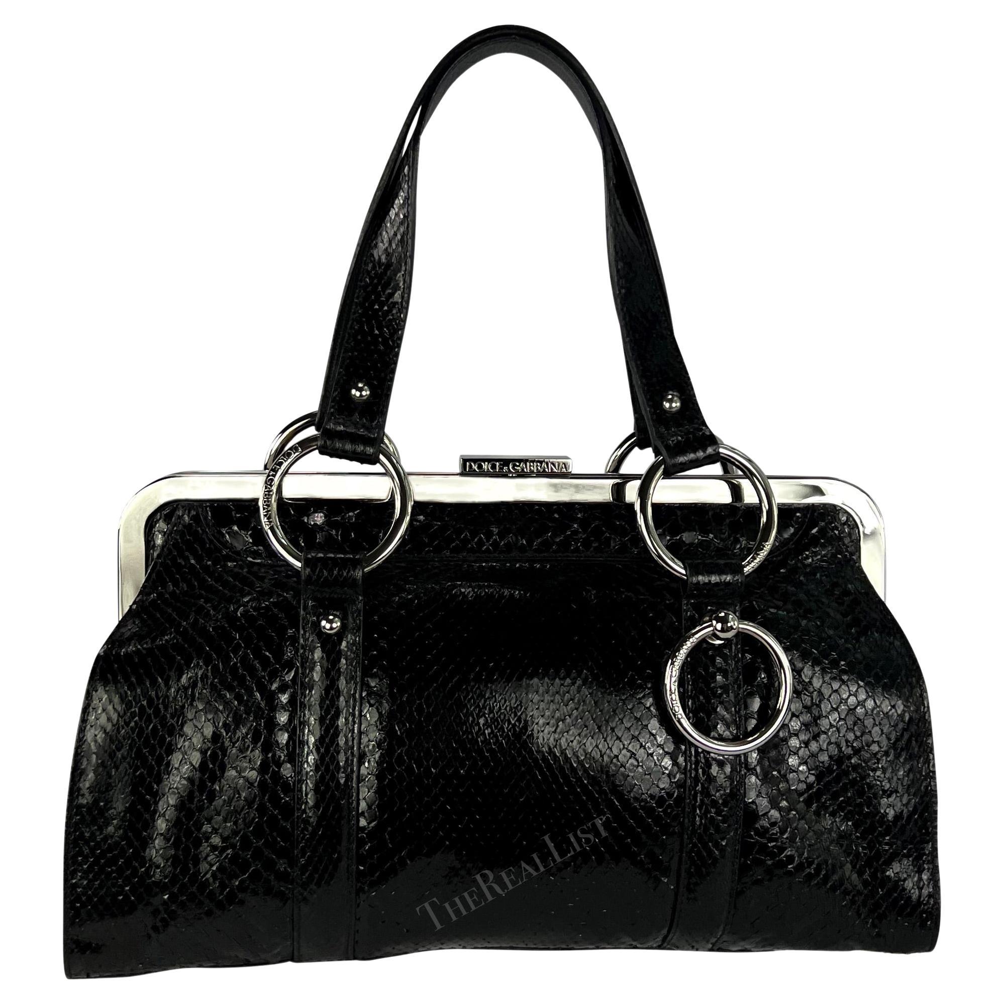 S/S 2003 Dolce & Gabbana Runway Black Python Leather Ring Shoulder Bag For Sale
