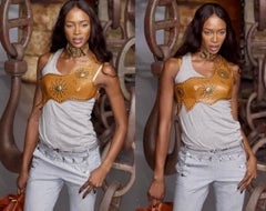 S/S 2003 Dolce & Gabbana Runway Studded Leather Fringe Asymmetric Crop Top