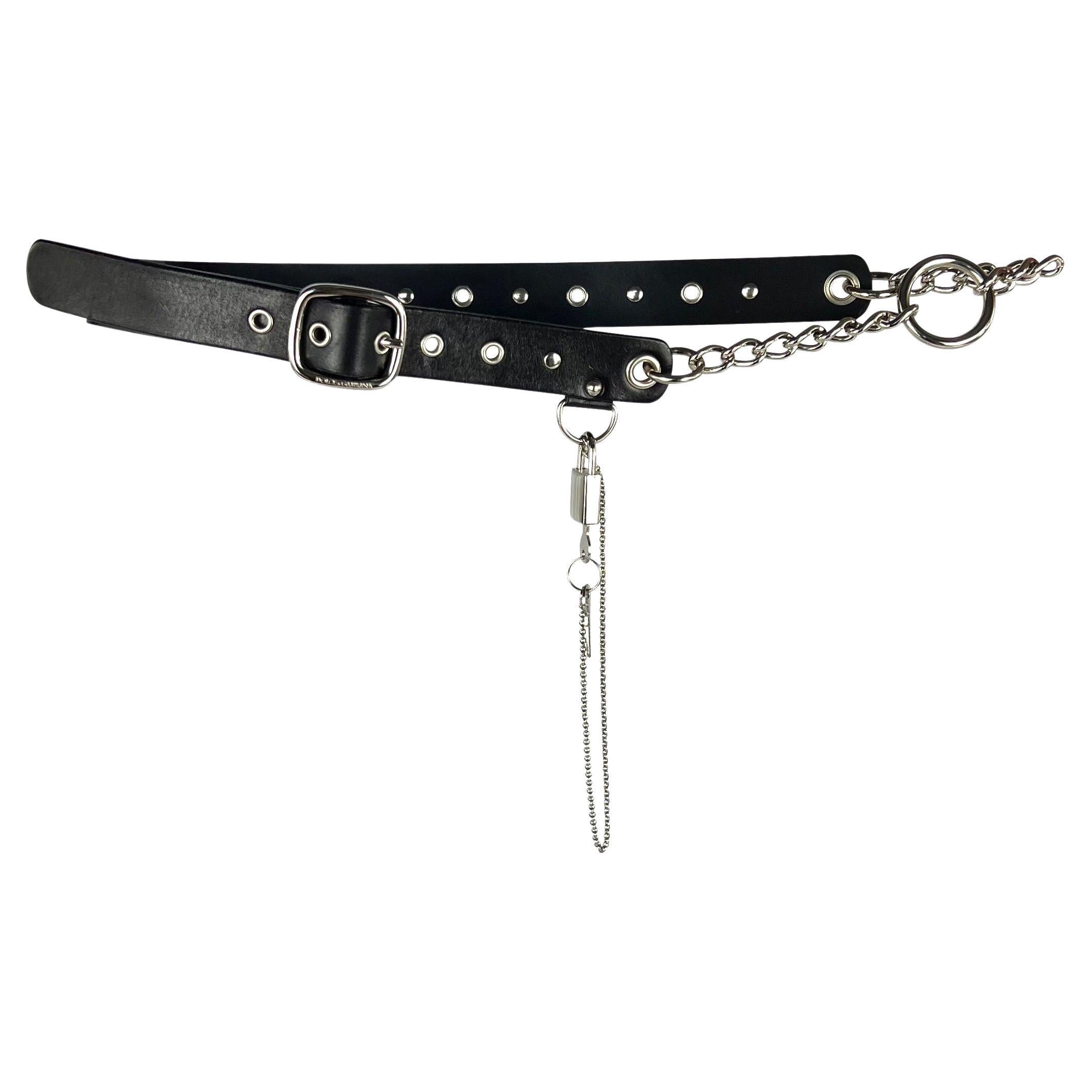 Black S/S 2003 Dolce & Gabbana 'Sex & Love' Padlock Chain Eyelet Leather Belt For Sale