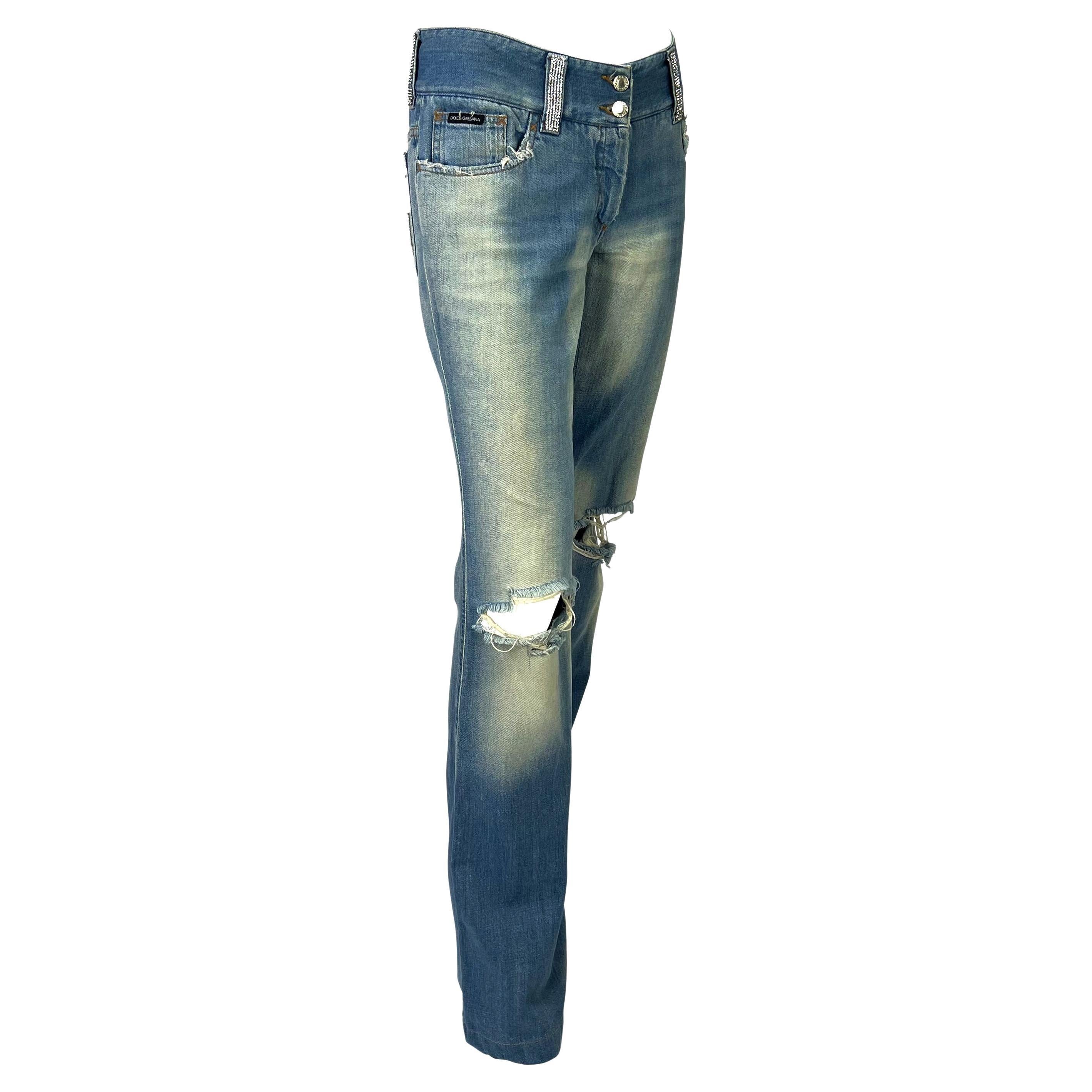Women's S/S 2003 Dolce & Gabbana 'Sex & Love' Rhinestone Chainmail Distressed Jeans For Sale