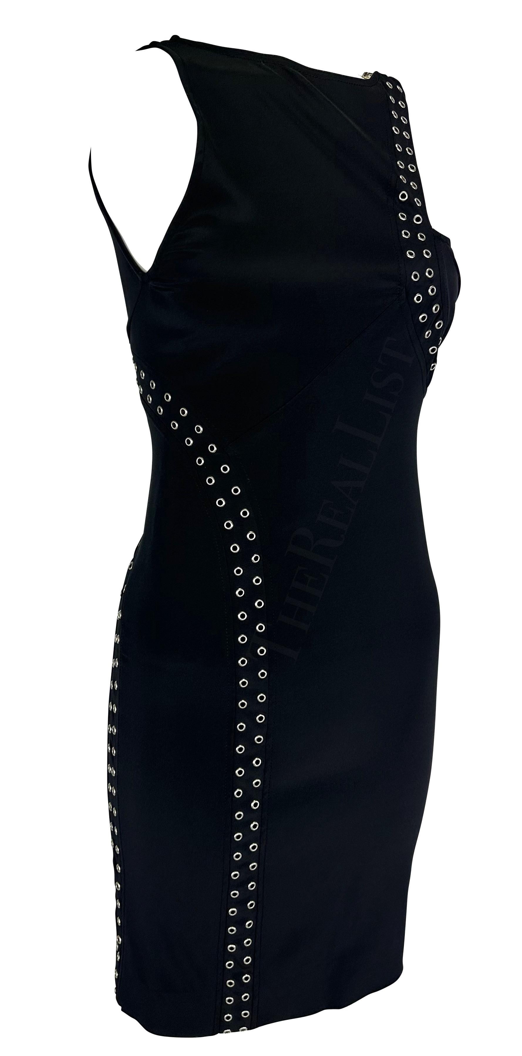 S/S 2003 Gianni Versace by Donatella Medusa Grommet Bodycon Black Cutout Dress For Sale 2
