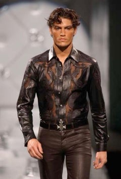 S/S 2003 Gianni Versace by Donatella Men's Runway Black Leather Sheer Lace Shirt