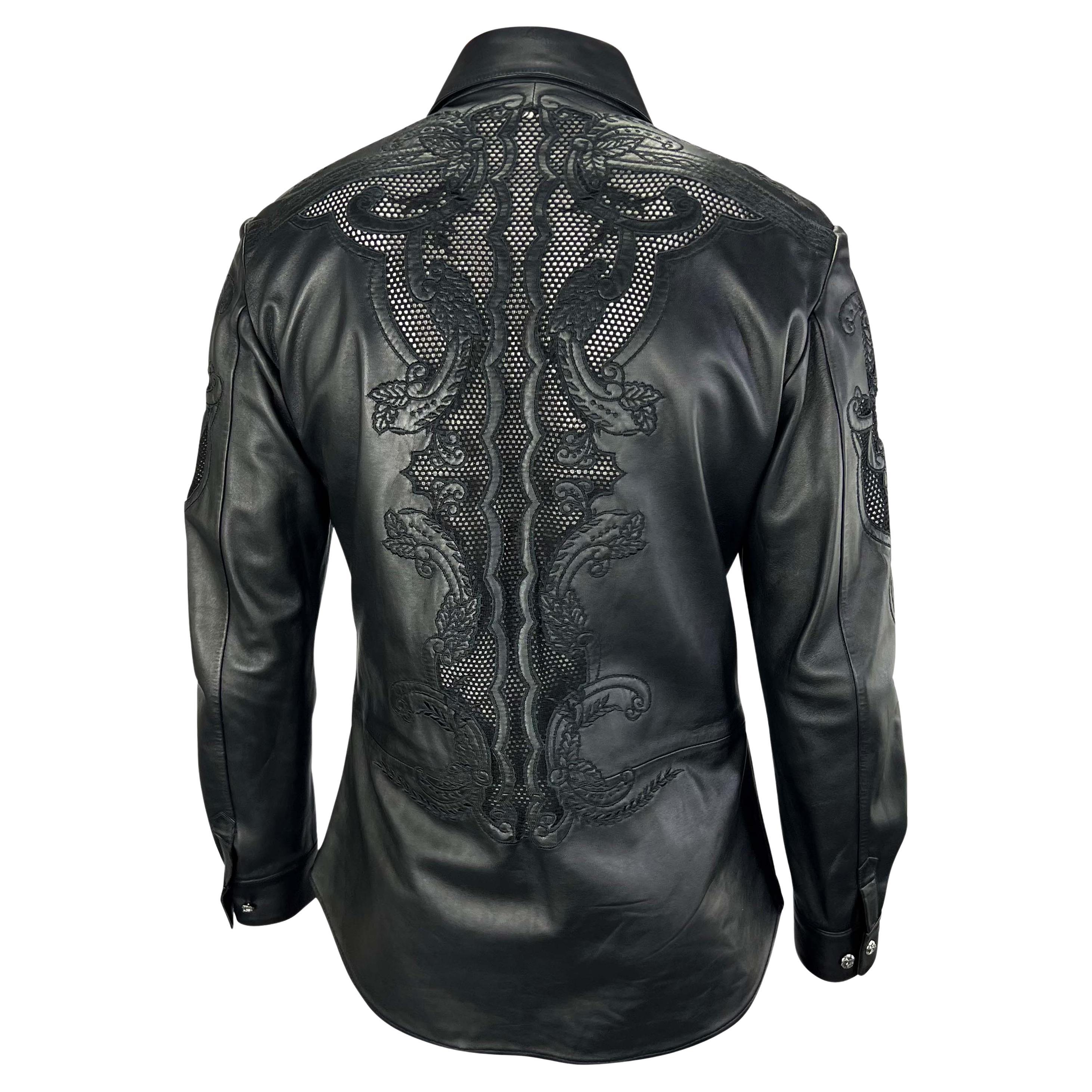 S/S 2003 Gianni Versace by Donatella Men's Runway Black Leather Sheer Lace Shirt In Excellent Condition In West Hollywood, CA