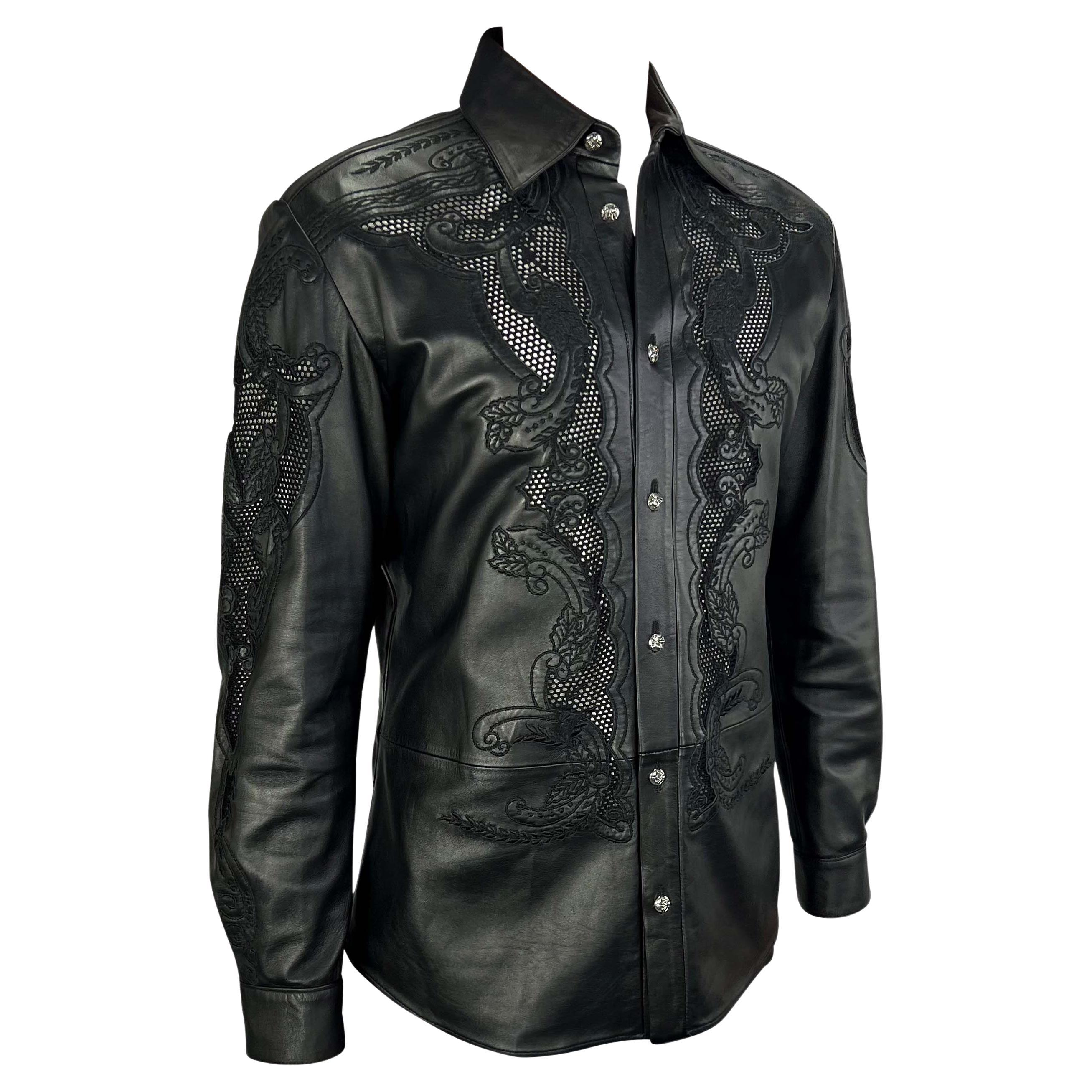 S/S 2003 Gianni Versace by Donatella Men's Runway Black Leather Sheer Lace Shirt 3