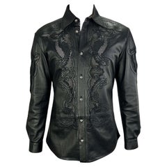 S/S 2003 Gianni Versace by Donatella Men's Runway Black Leather Sheer Lace Shirt
