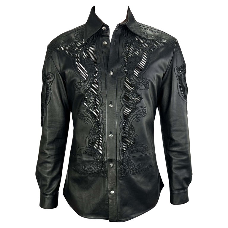 S/S 2003 Gianni Versace by Donatella Men's Runway Black Leather Sheer Lace  Shirt