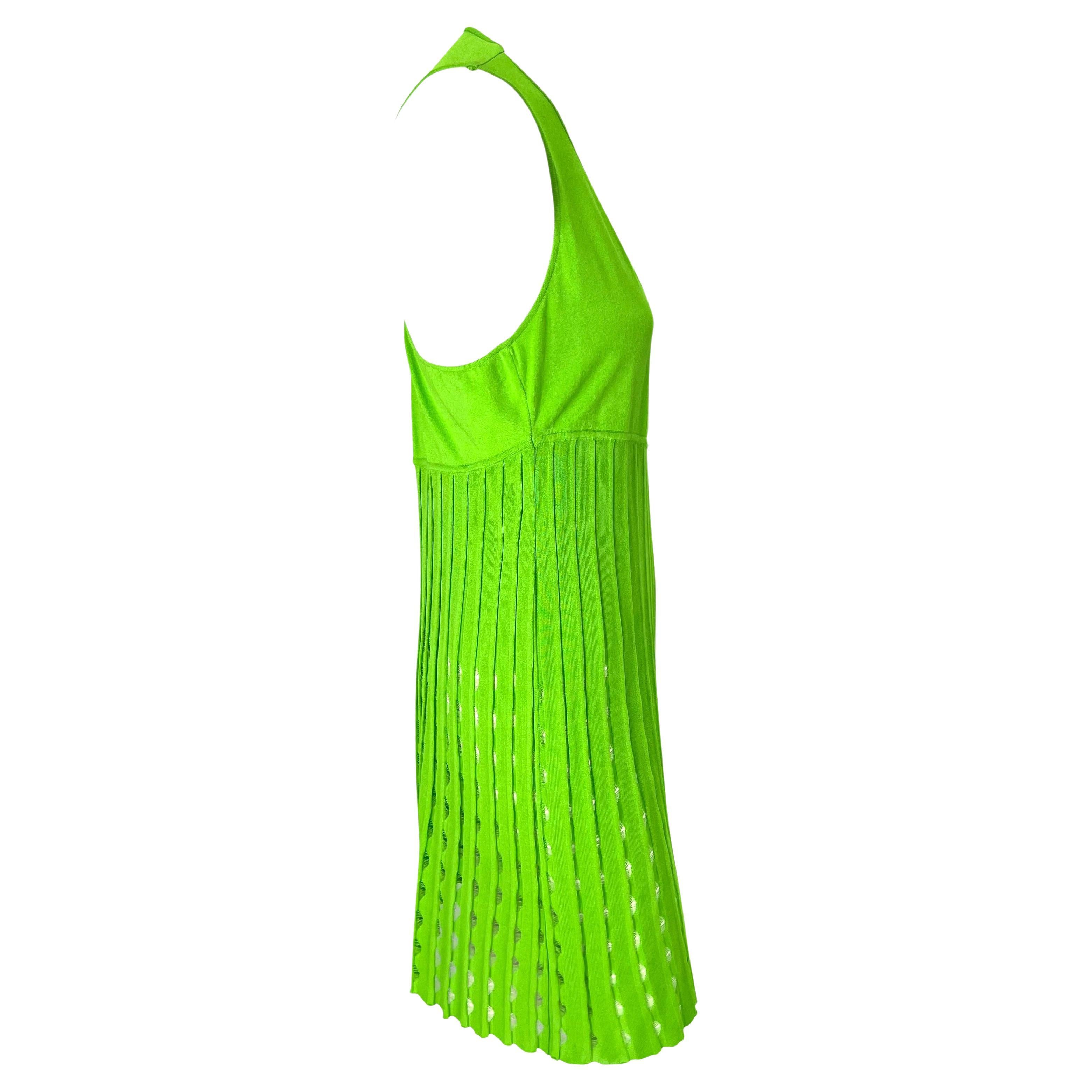 S/S 2003 Gianni Versace by Donatella Neon Green Stretch Knit Eyelet Mini Dress For Sale 1