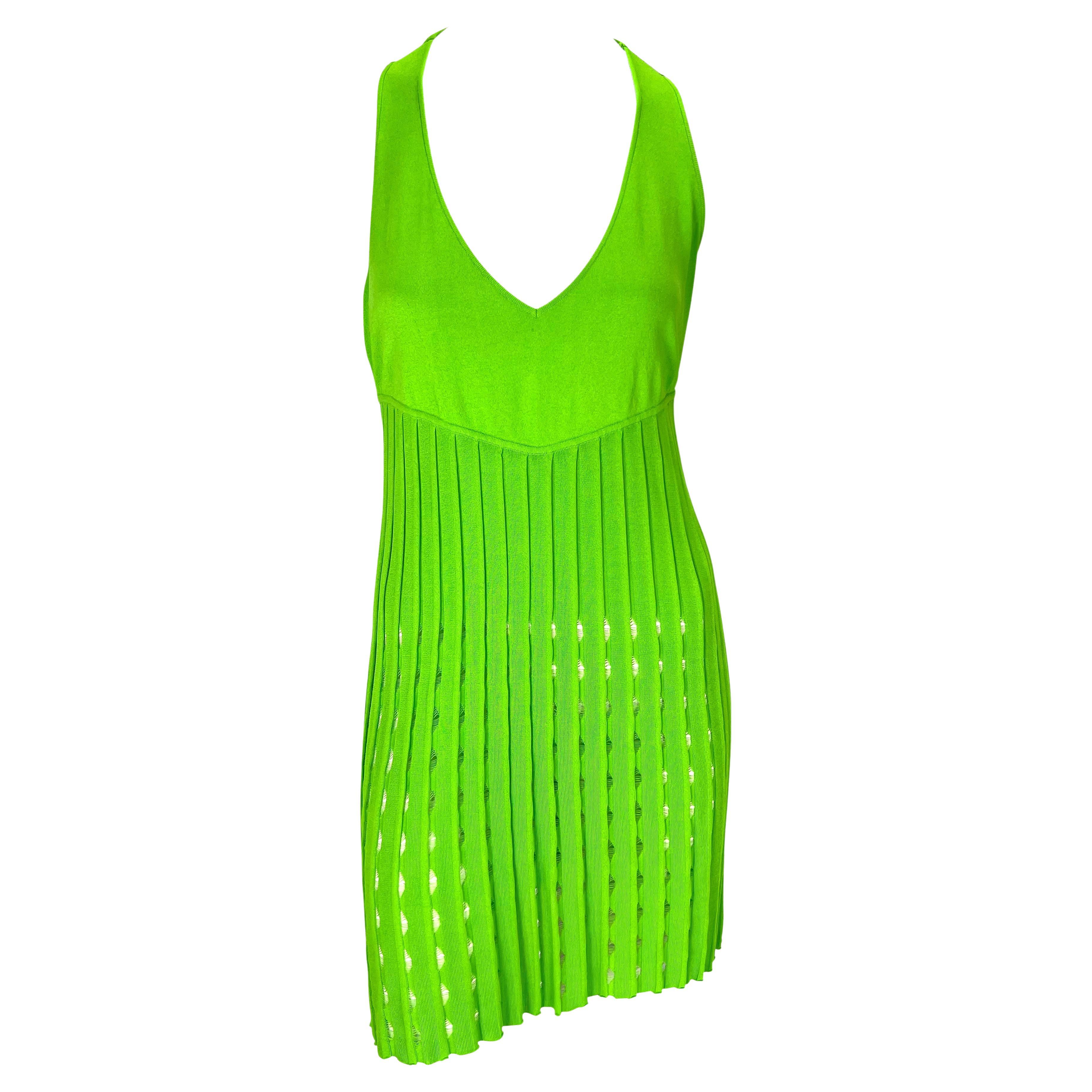 S/S 2003 Gianni Versace by Donatella Neon Green Stretch Knit Eyelet Mini Dress For Sale