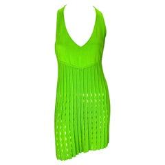 S/S 2003 Gianni Versace by Donatella Neon Green Stretch Knit Eyelet Mini Dress
