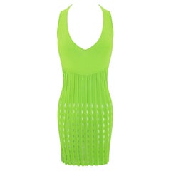 S/S 2003 Gianni Versace by Donatella Neon Green Stretch Knit Eyelet Mini Dress