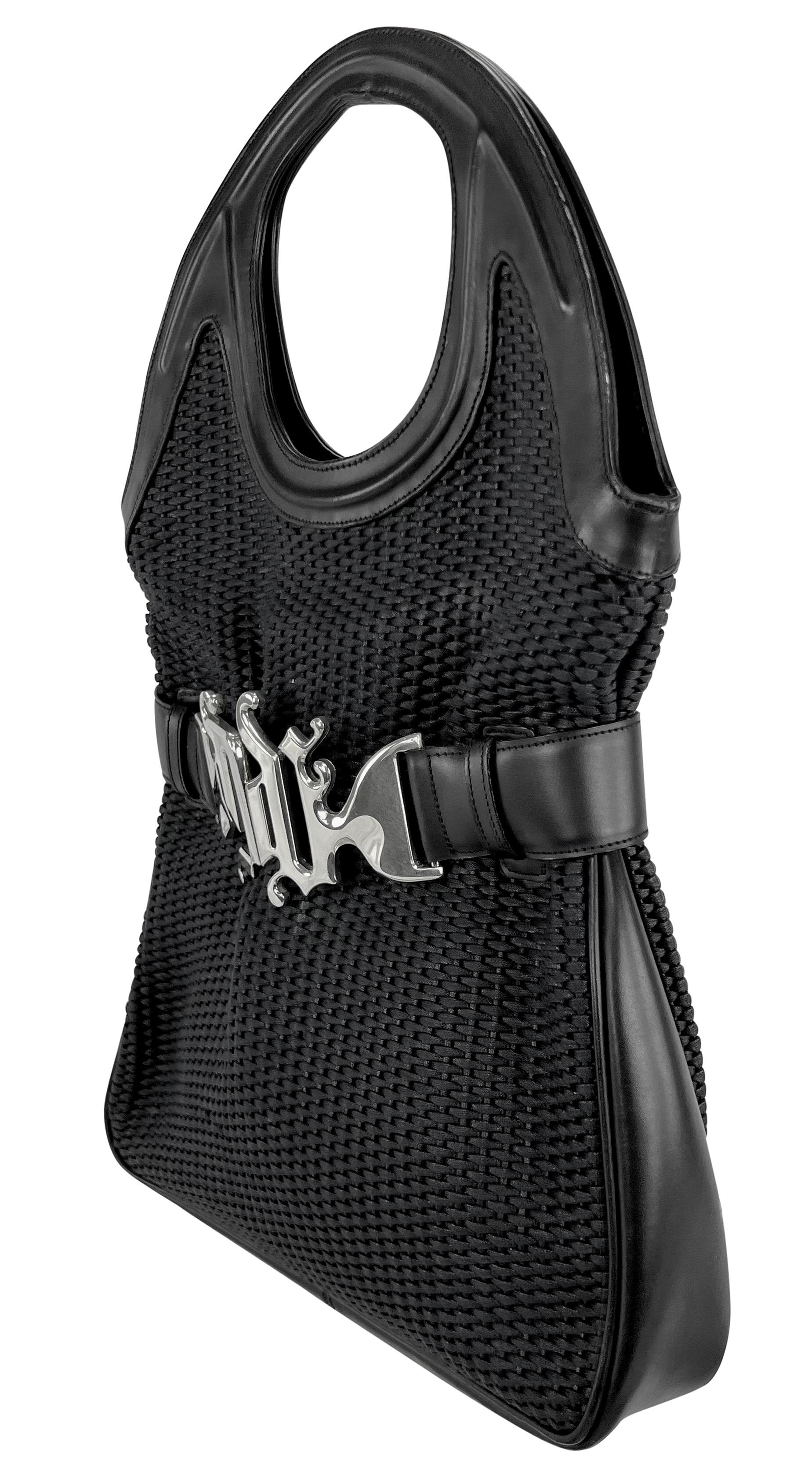 S/S 2003 Gianni Versace by Donatella Oversized Monogram Buckle Woven Black Tote In Good Condition For Sale In West Hollywood, CA