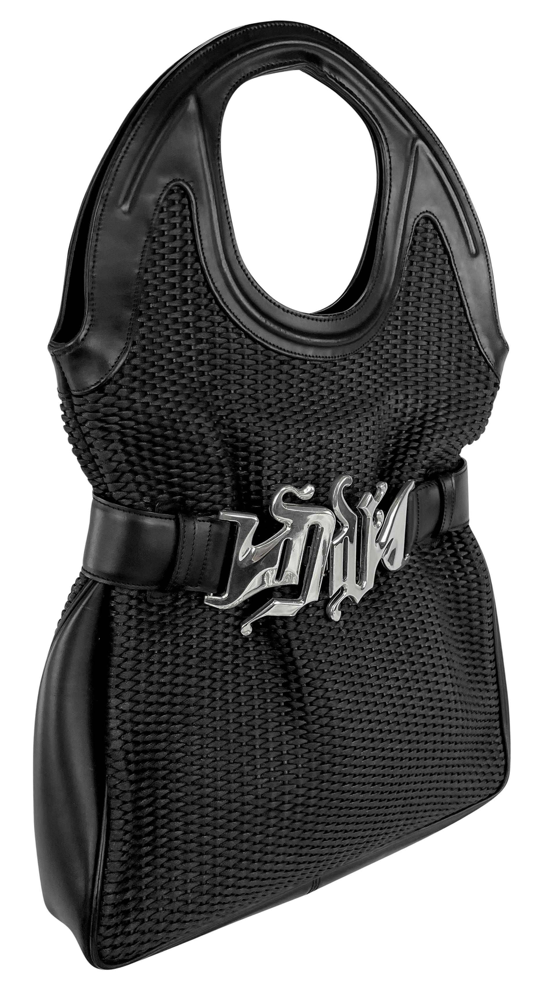 S/S 2003 Gianni Versace by Donatella Oversized Monogram Buckle Woven Black Tote For Sale 3