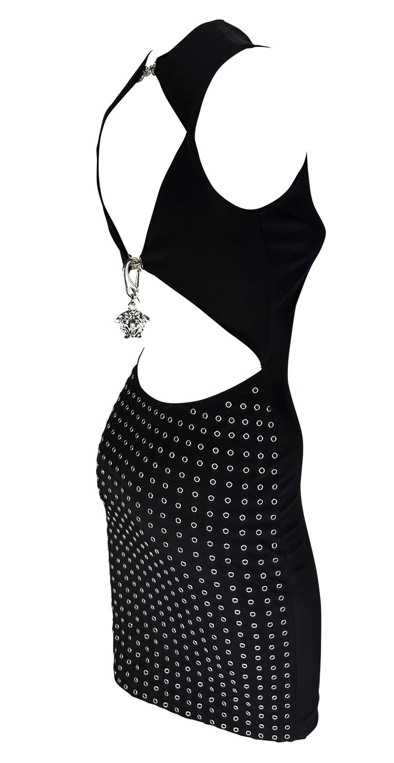 versace 2003 cut out mini dress S/S 2003 Gianni Versace by Donatella Medusa Grommet Bodycon Black Cutout  Dress