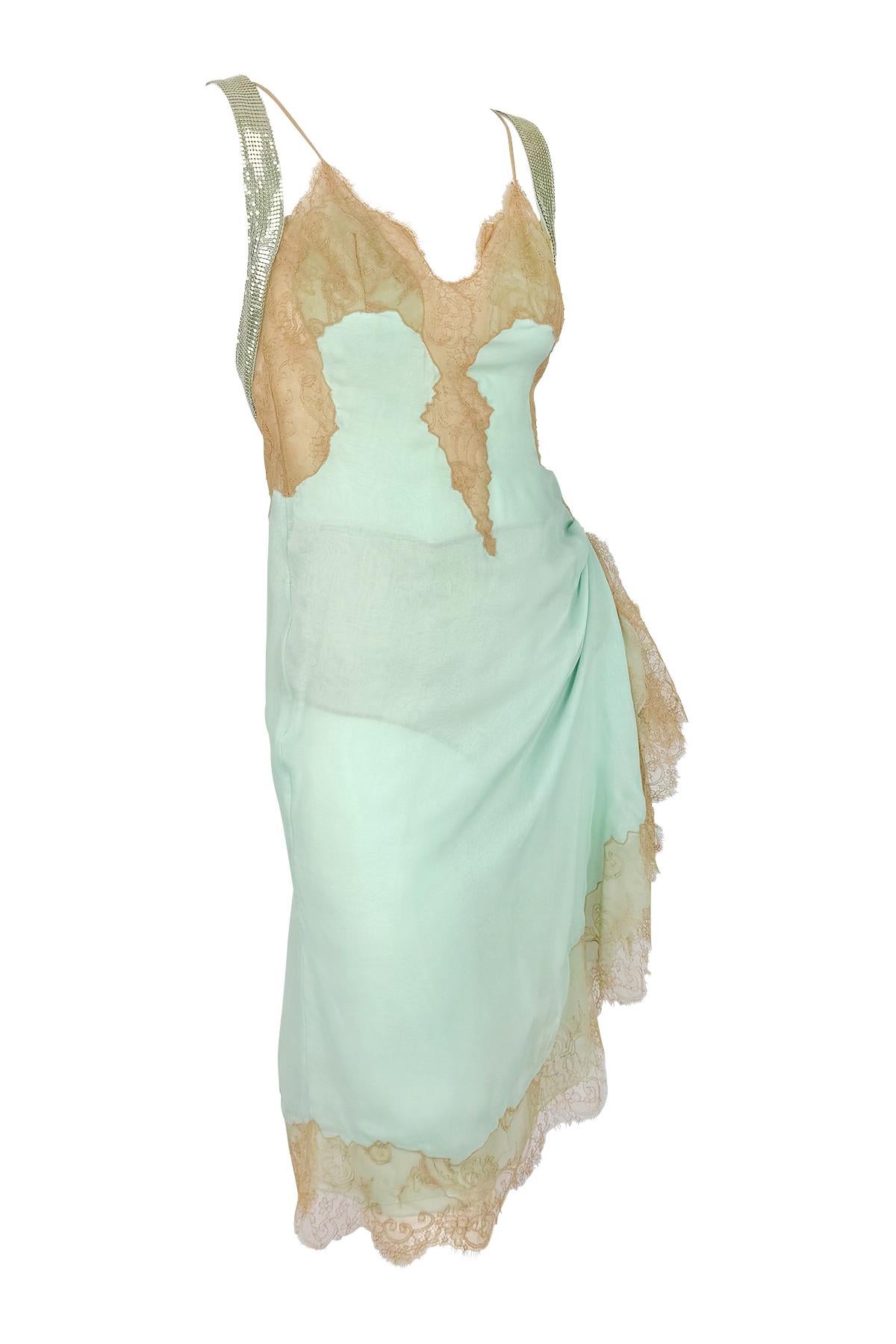 S/S 2003 Gianni Versace by Donatella Runway Sheer Lace Oroton Trim Mini Dress 6