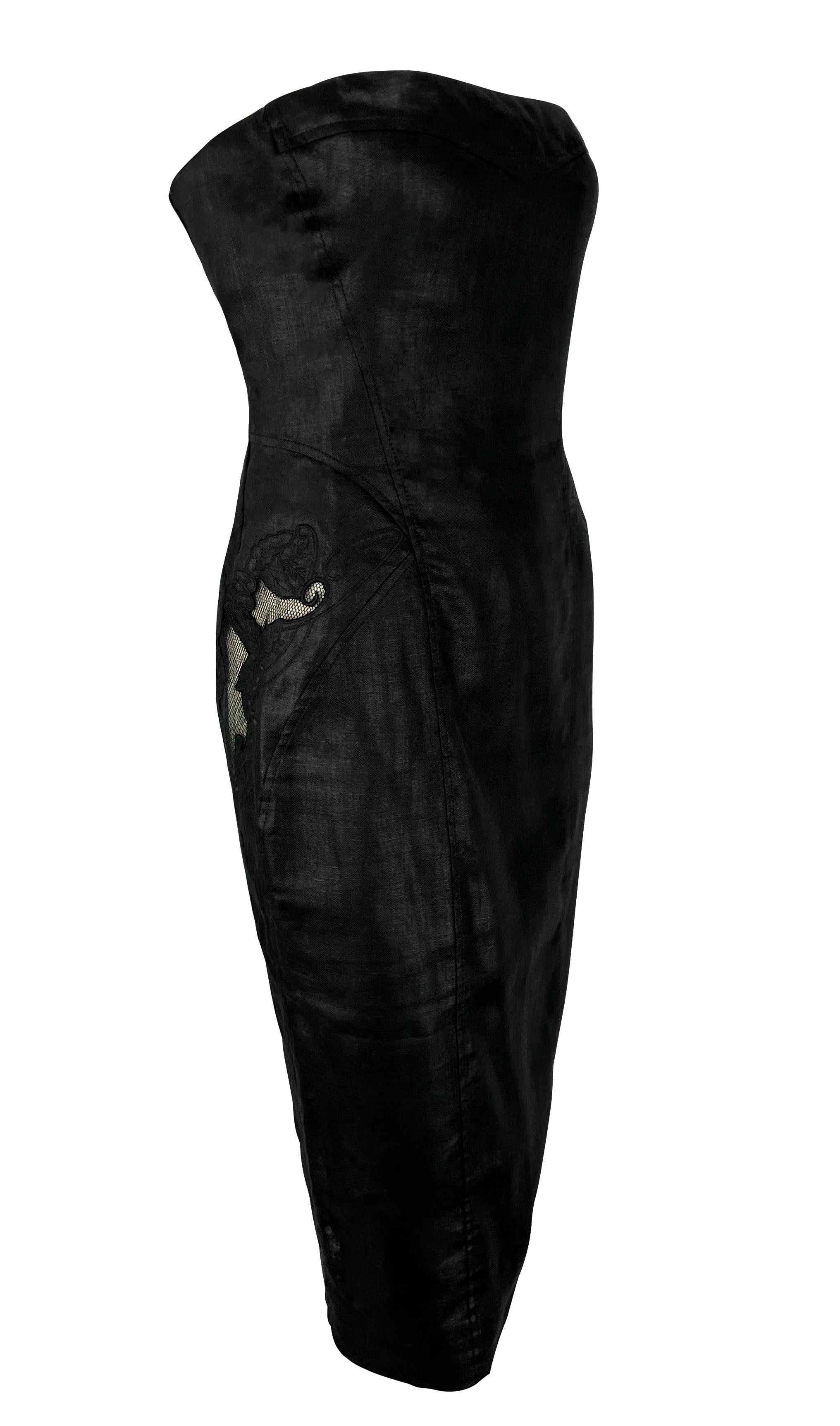 Donna Mini abito senza spalline in lino nero a rete trasparente di Donatella Versace per Gianni Versace P/E 2003 in vendita
