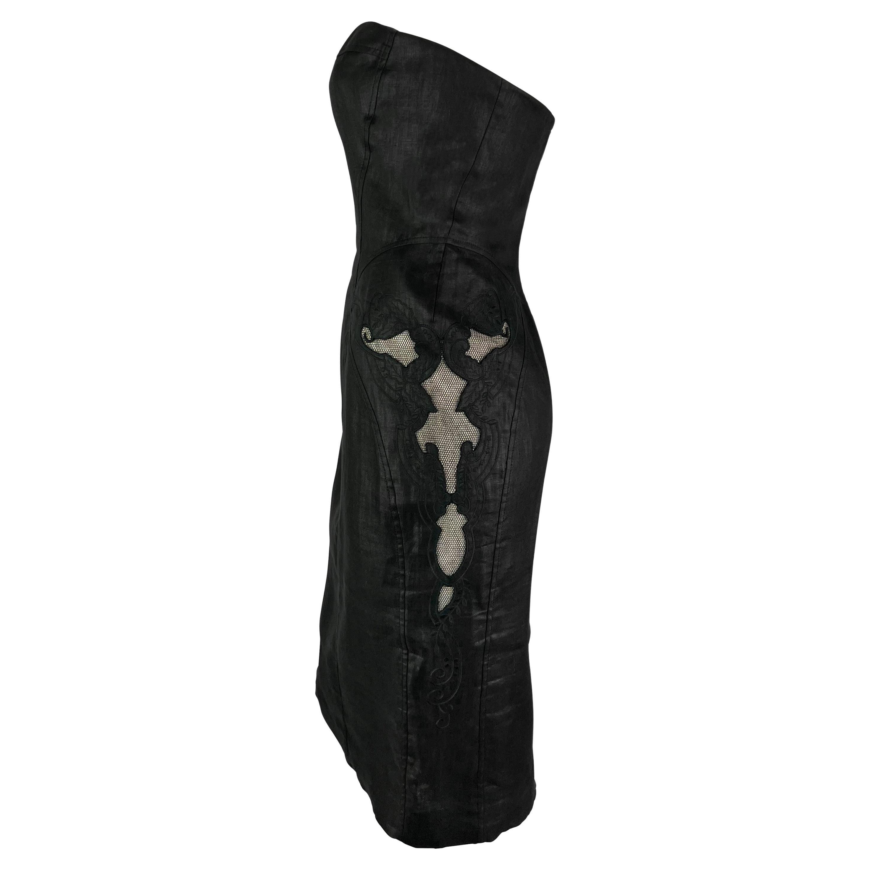 S/S 2003 Gianni Versace by Donatella Sheer Mesh Black Linen Strapless Mini Dress