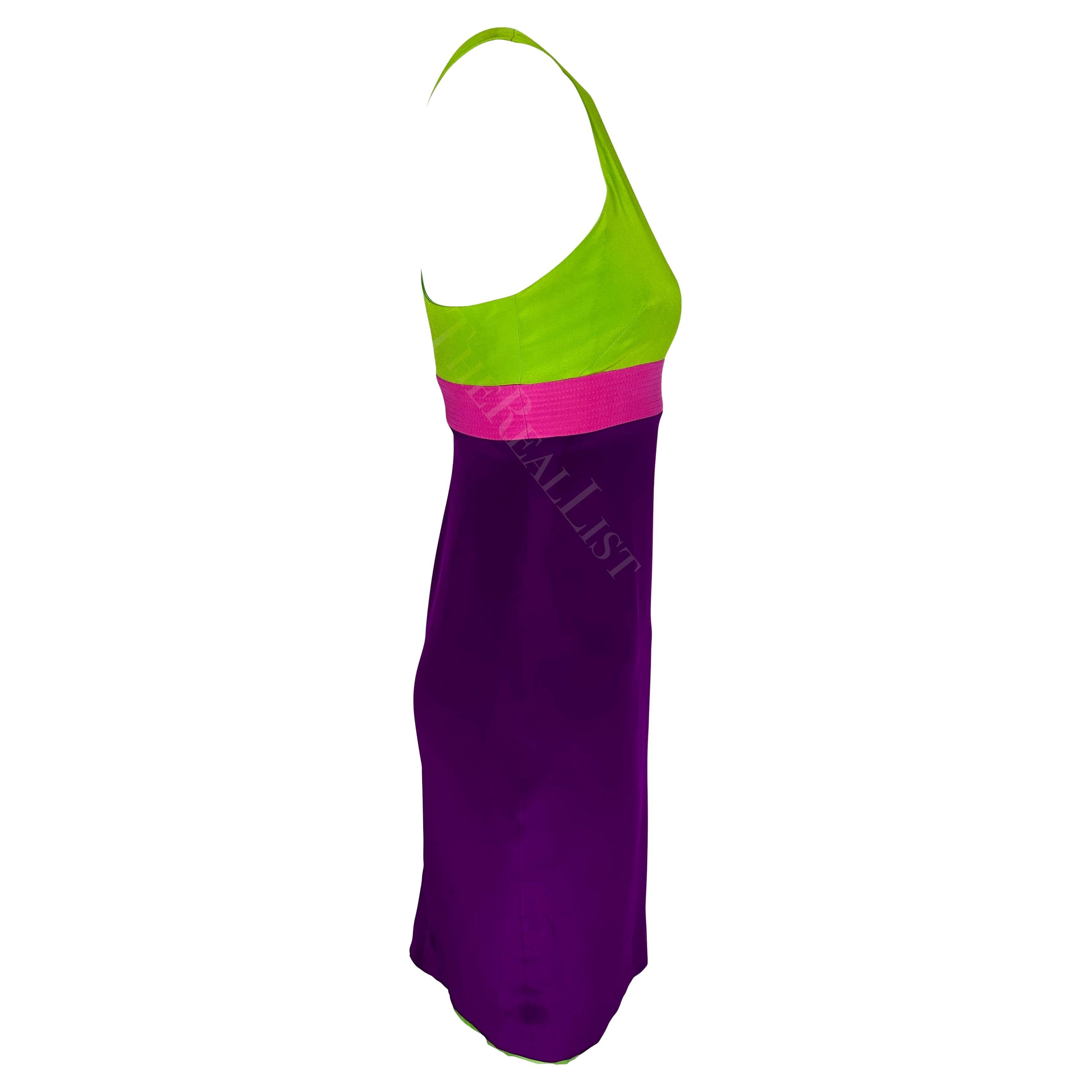S/S 2003 Gianni Versace by Donatella Versace Mini Halter Colorblock Violeta/Verde Púrpura en venta