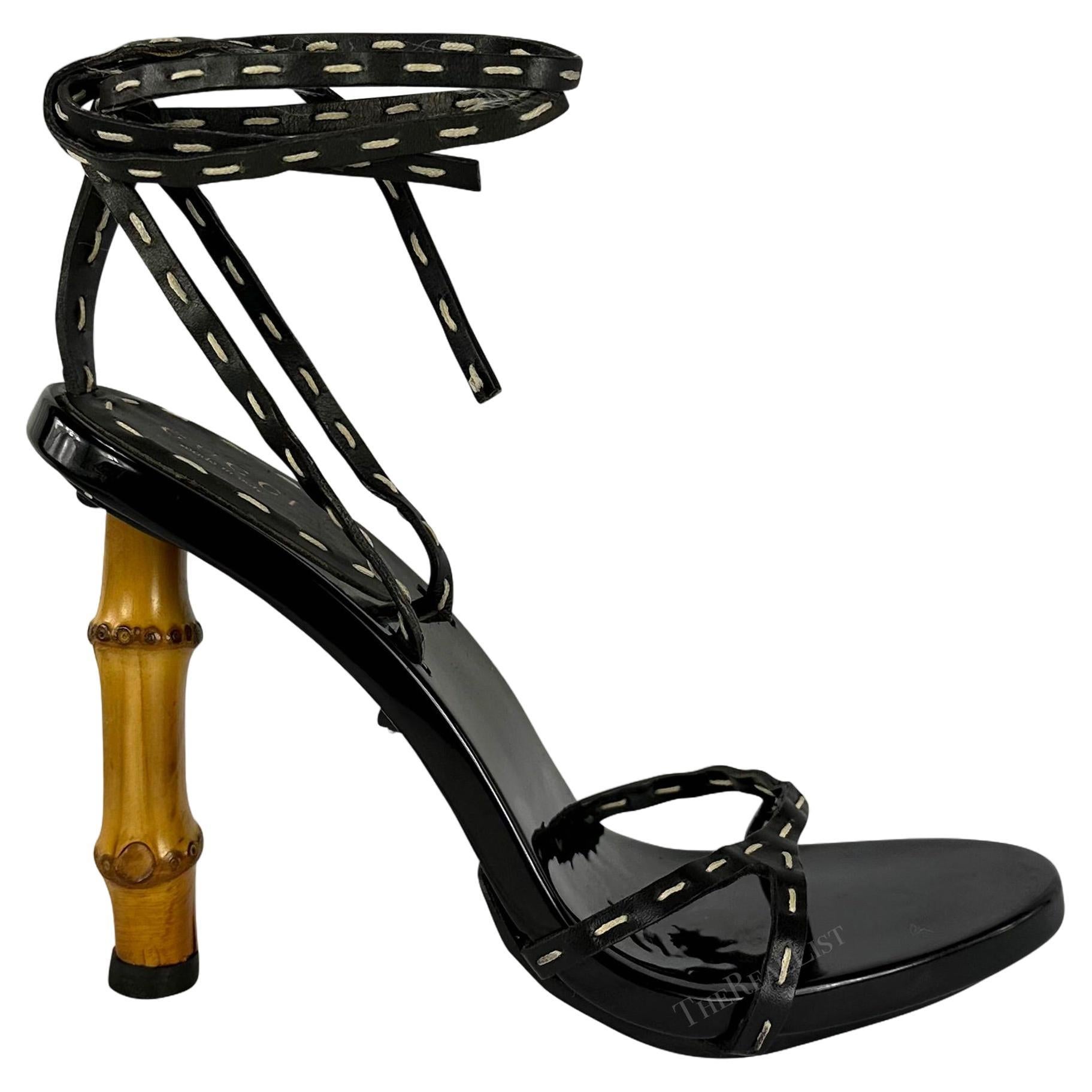 S/S 2003 Gucci by Tom Ford Ad Black Leather Bamboo Heel Lace Up Sandals Size 7 For Sale