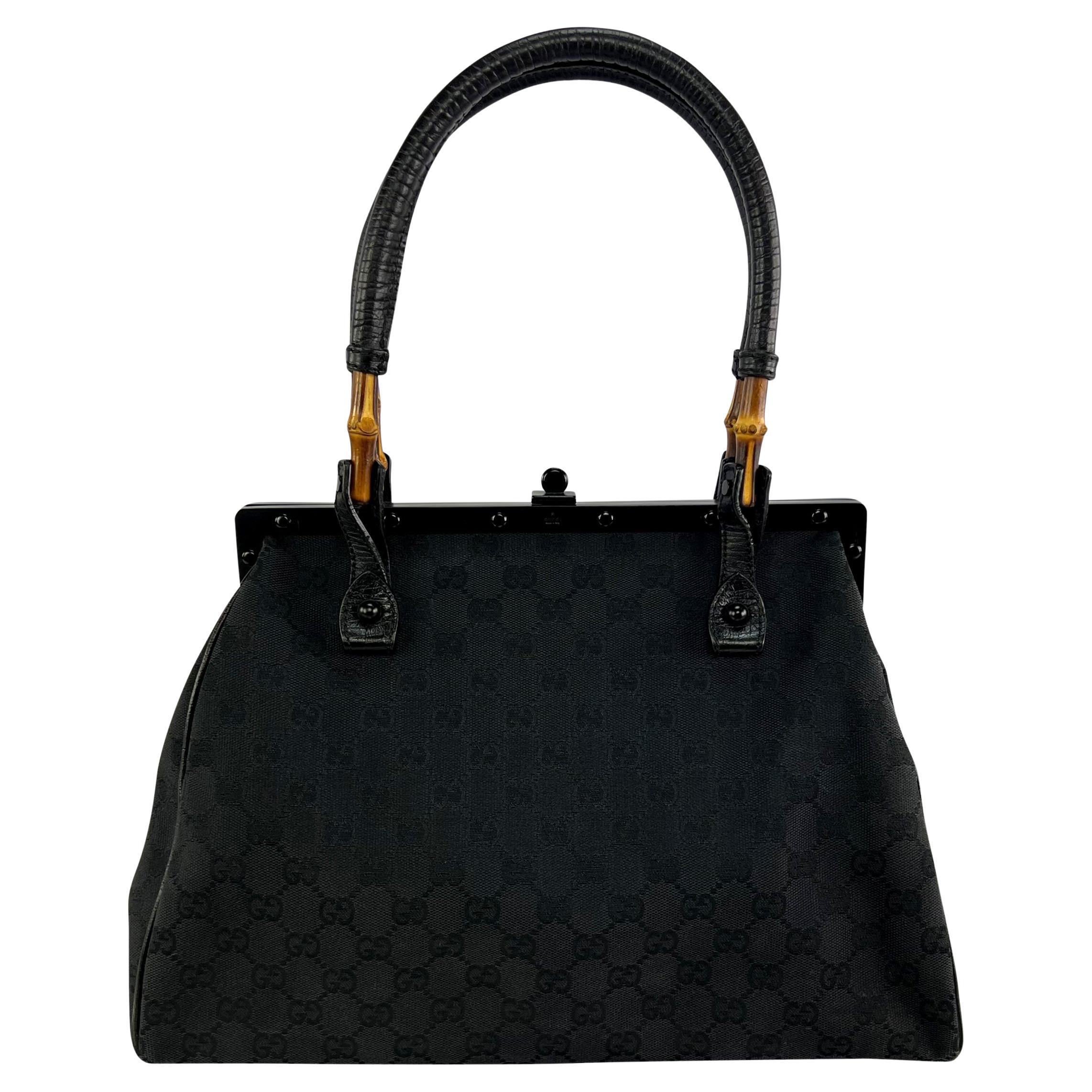 S/S 2003 Gucci by Tom Ford Bamboo Frame Black GG Canvas Large Shoulder Tote For Sale