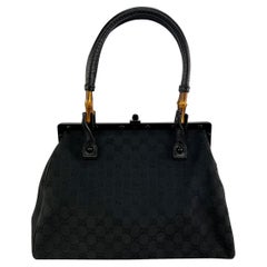 S/S 2003 Gucci by Tom Ford Bamboo Frame Black GG Canvas Large Shoulder Tote