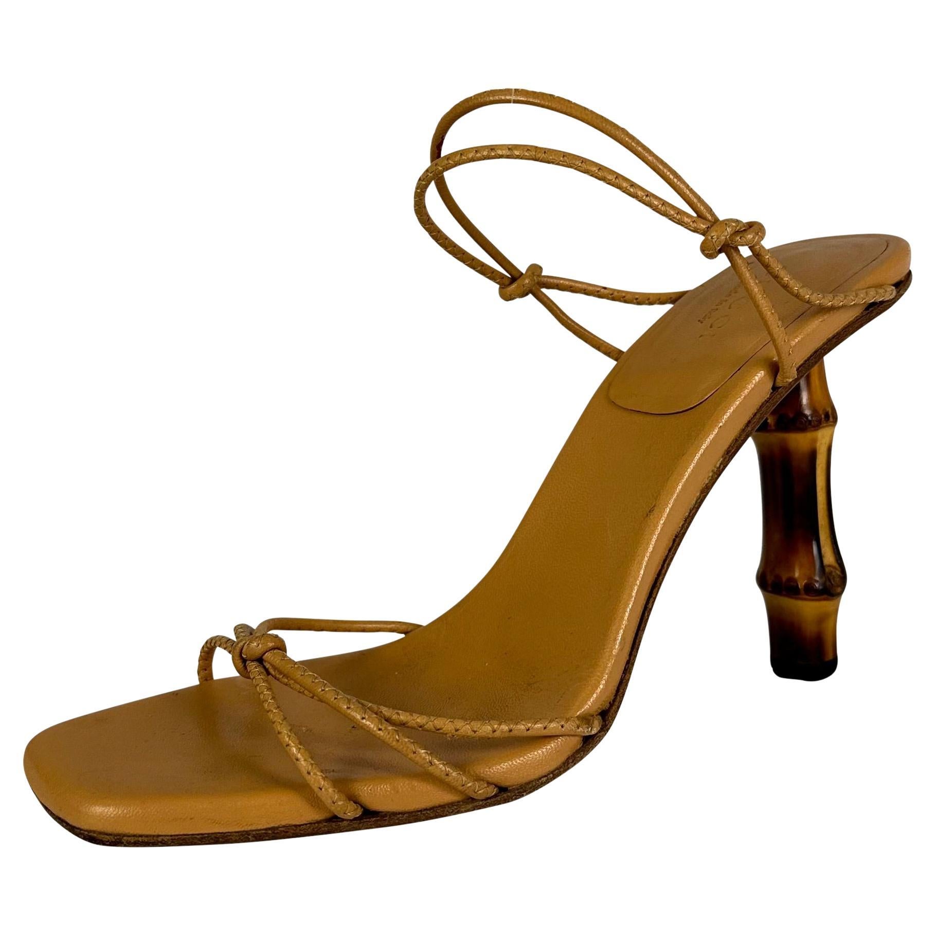 S/S 2003 Gucci by Tom Ford Bamboo Heel Lace Up Sandals Beige Leather 7B For  Sale at 1stDibs