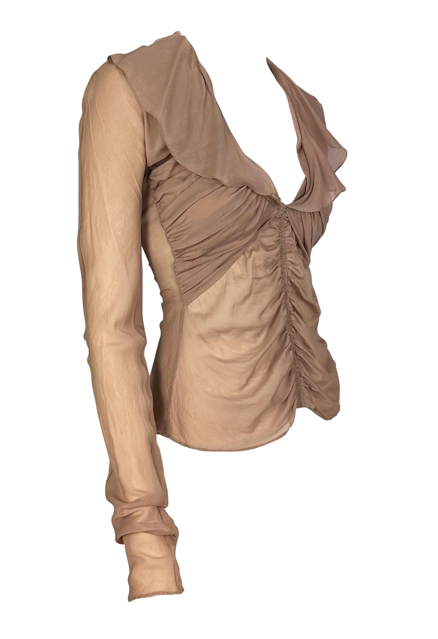 Women's S/S 2003 Gucci by Tom Ford Beige Beige Sheer Longe Sleeve Runway Blouse For Sale