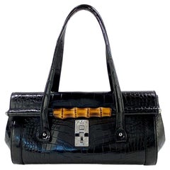 S/S 2003 Gucci by Tom Ford Black Alligator Large Bullet Bag Bamboo Lock Flap