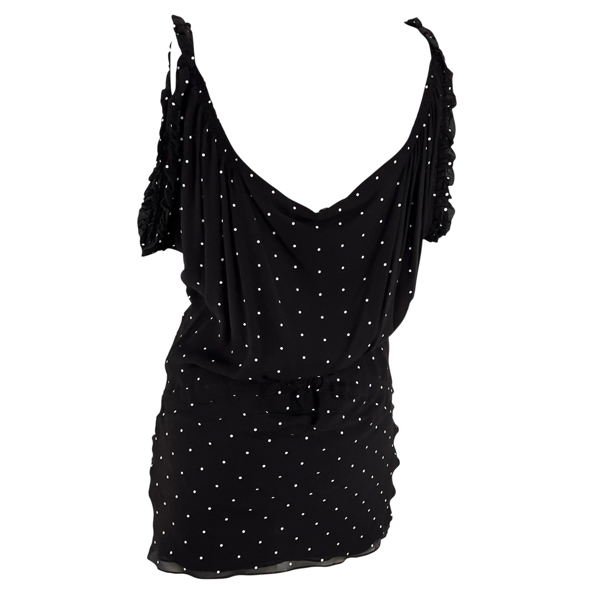 Women's S/S 2003 Gucci by Tom Ford Black Silk Polka Dot Lace-Up Ruffle Mini Dress For Sale