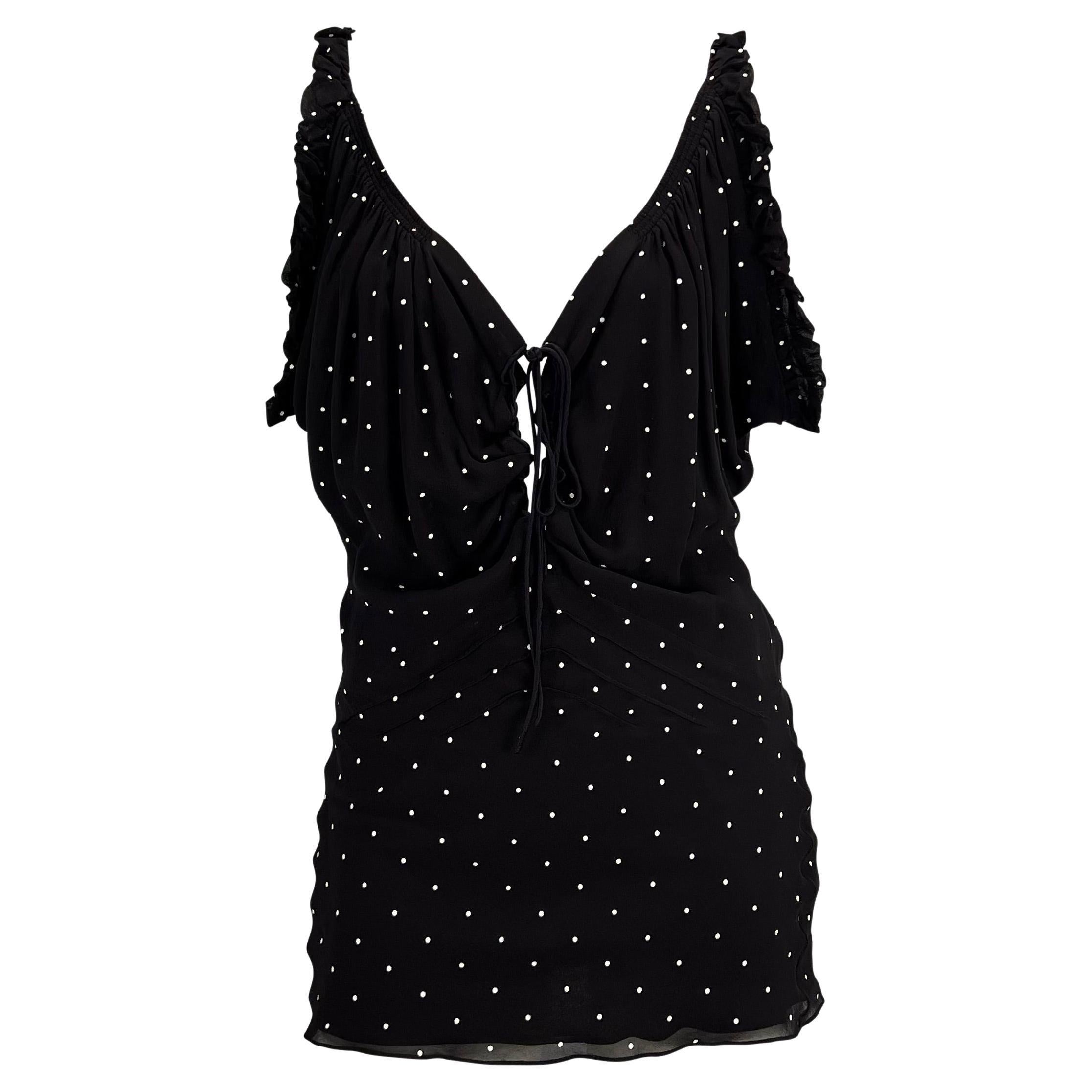 S/S 2003 Gucci by Tom Ford Black Silk Polka Dot Lace-Up Ruffle Mini Dress