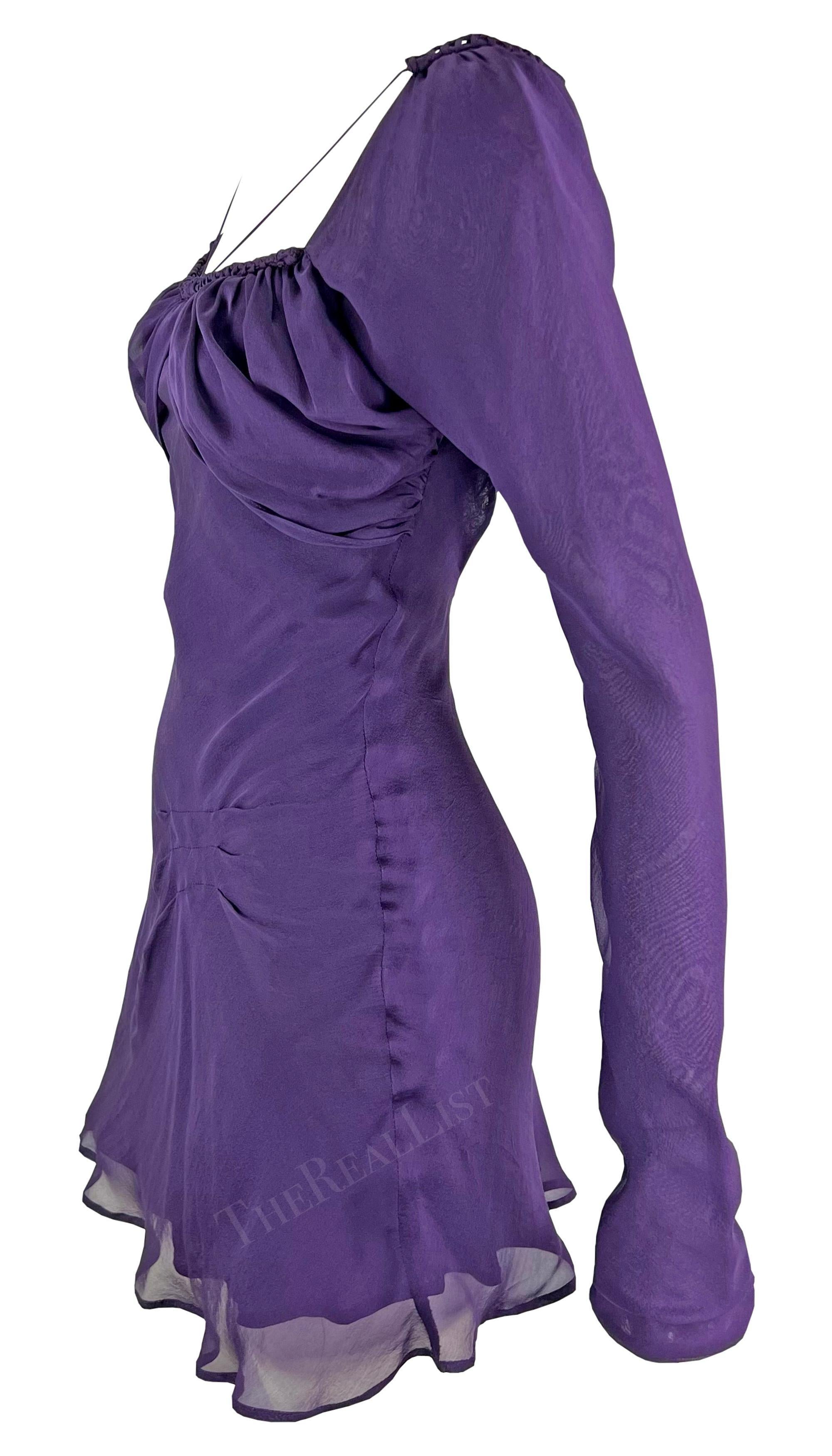 Women's S/S 2003 Gucci by Tom Ford Deep Purple Long Sleeve Silk Chiffon Mini Dress For Sale