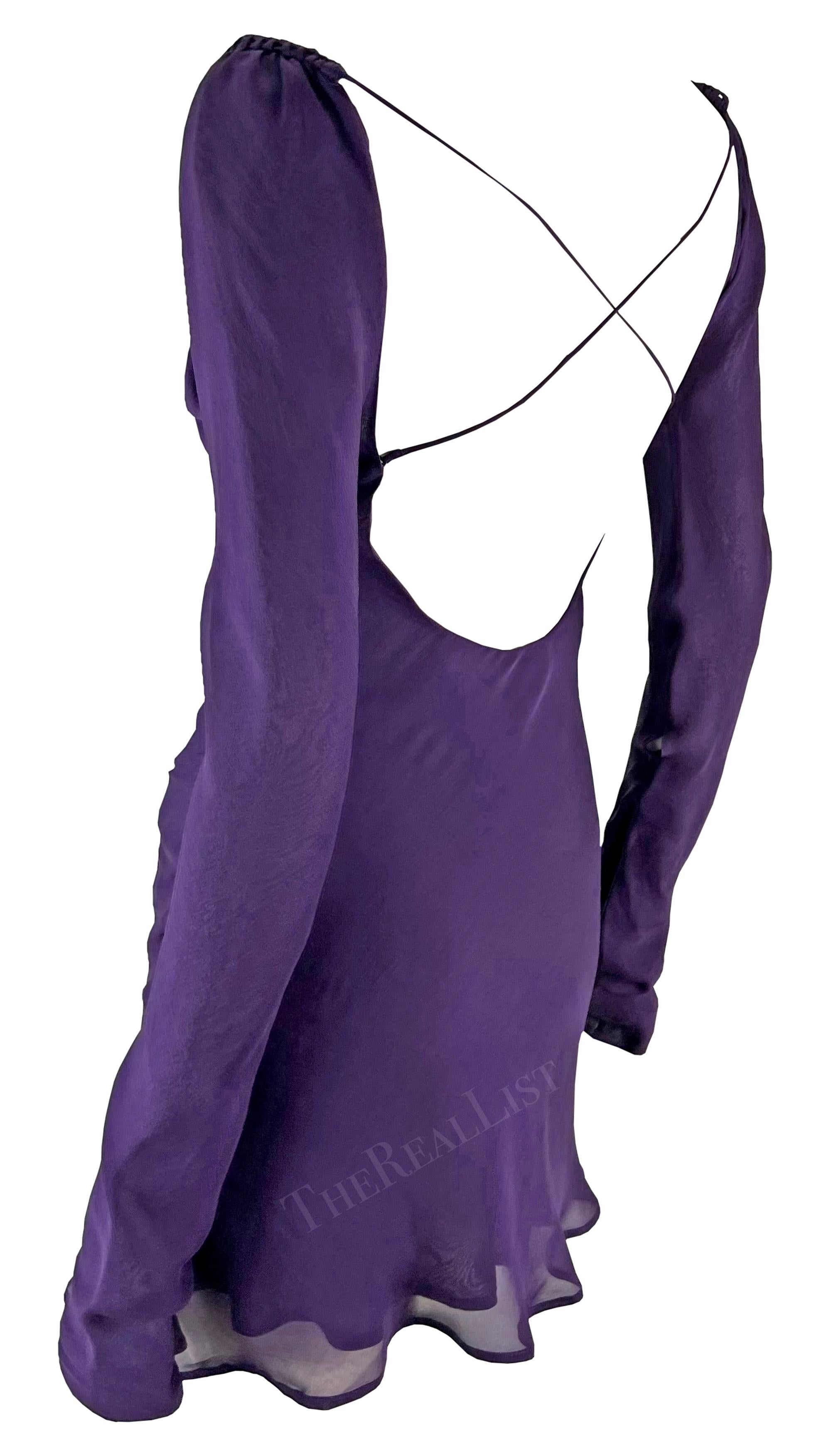 Women's S/S 2003 Gucci by Tom Ford Deep Purple Long Sleeve Silk Chiffon Mini Dress For Sale