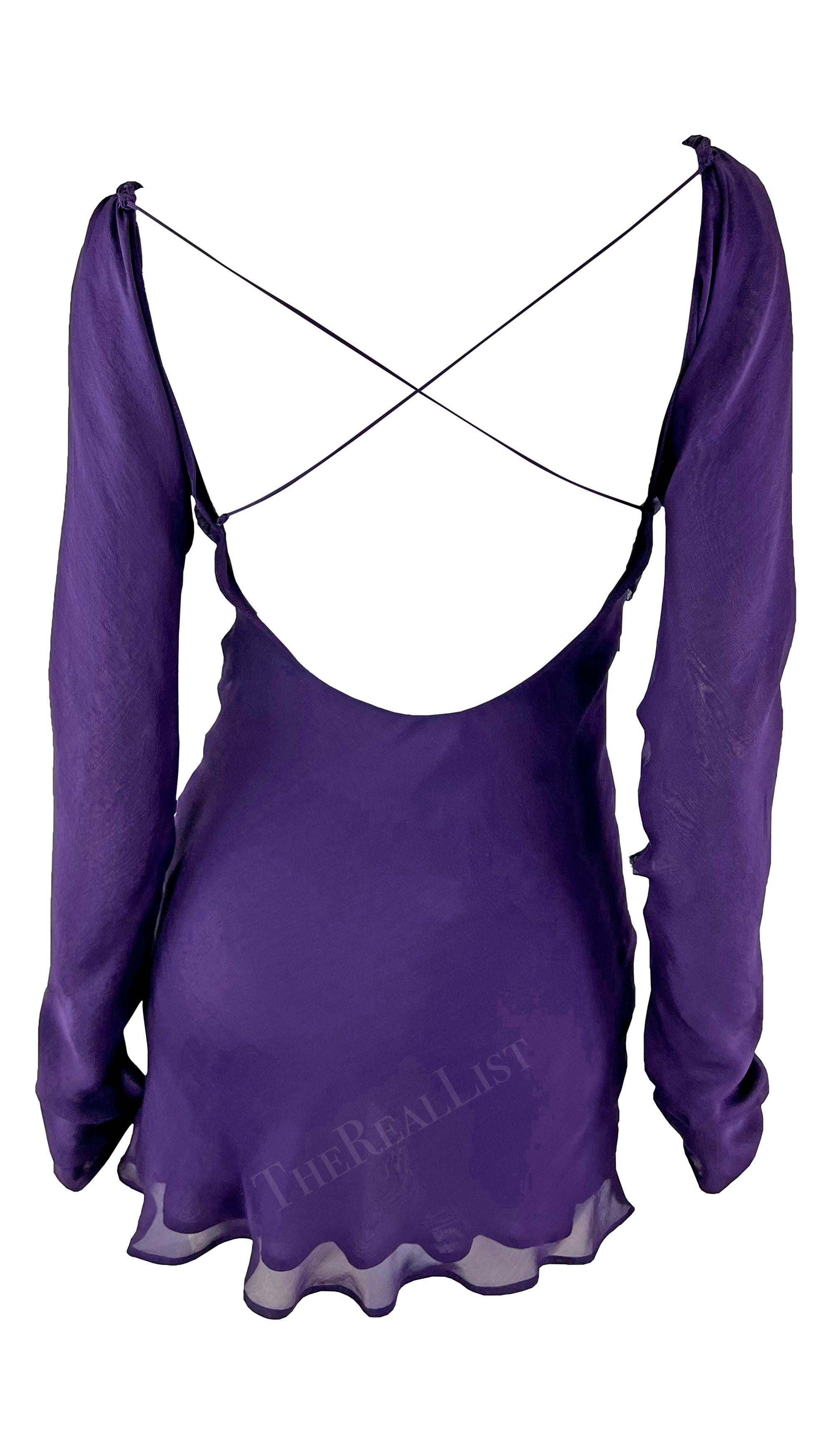 S/S 2003 Gucci by Tom Ford Deep Purple Long Sleeve Silk Chiffon Mini Dress For Sale 2