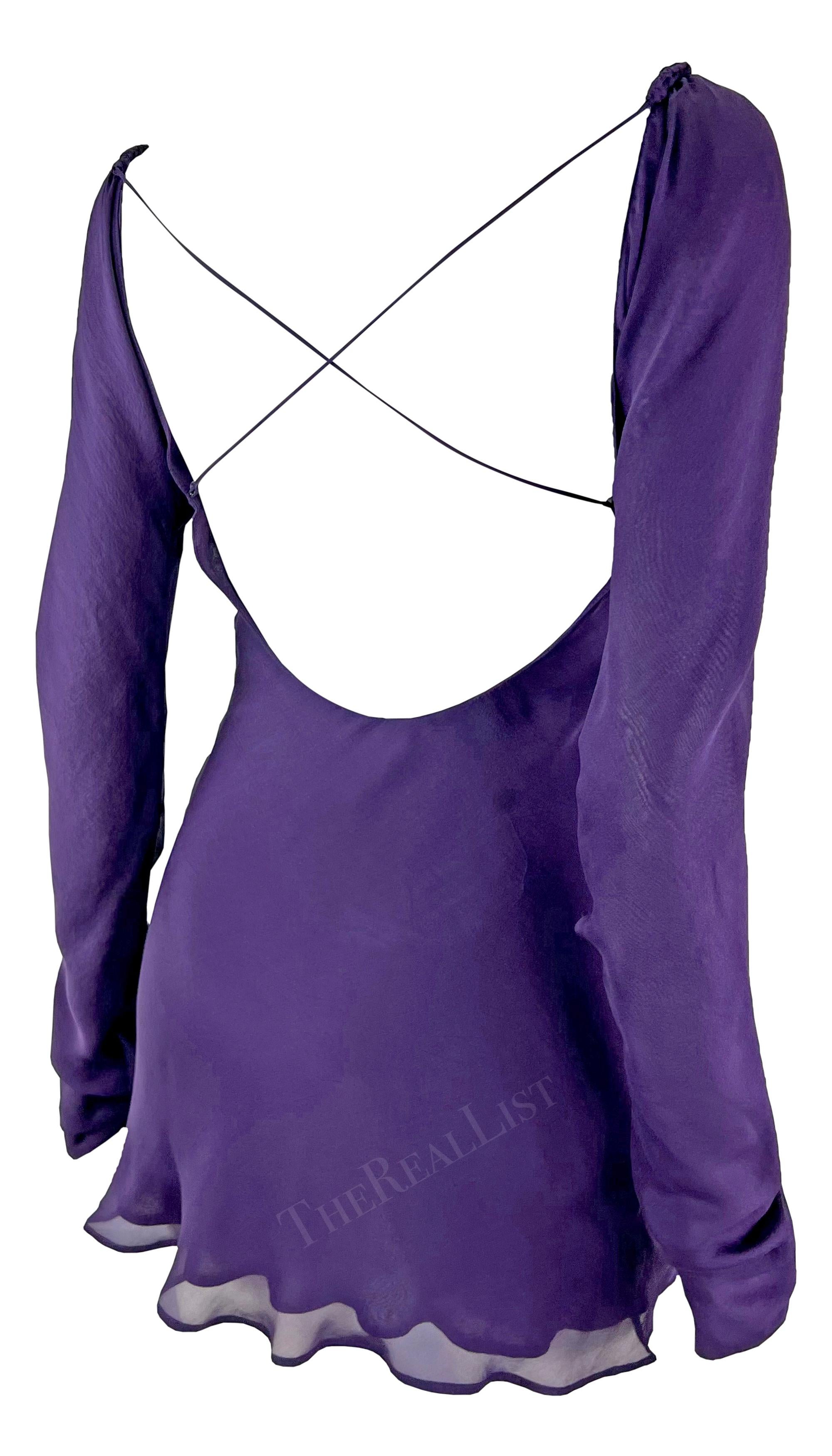 S/S 2003 Gucci by Tom Ford Deep Purple Long Sleeve Silk Chiffon Mini Dress For Sale 2
