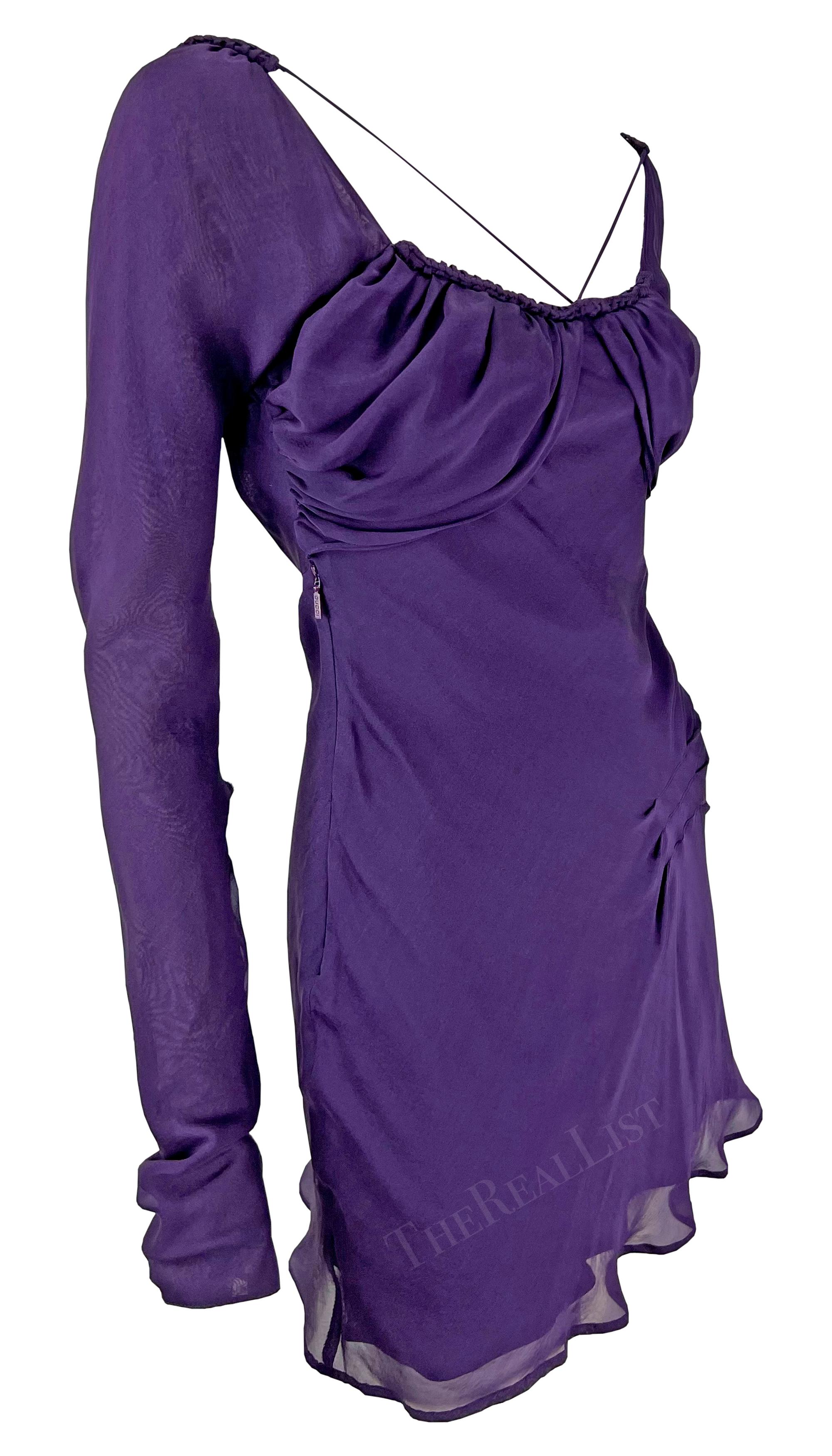 S/S 2003 Gucci by Tom Ford Deep Purple Long Sleeve Silk Chiffon Mini Dress For Sale 3