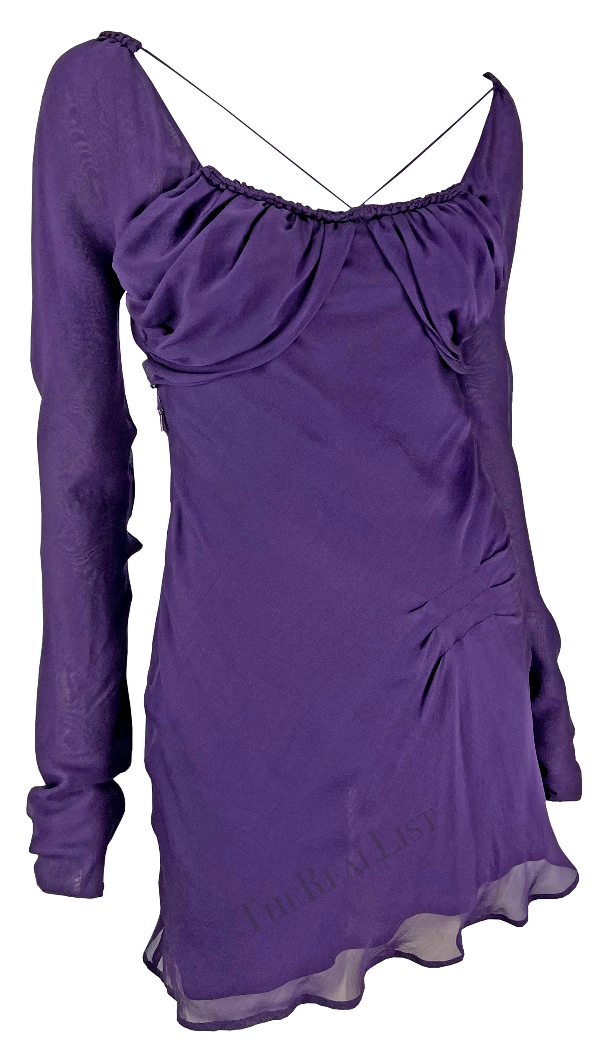 S/S 2003 Gucci by Tom Ford Deep Purple Long Sleeve Silk Chiffon Mini Dress For Sale 4