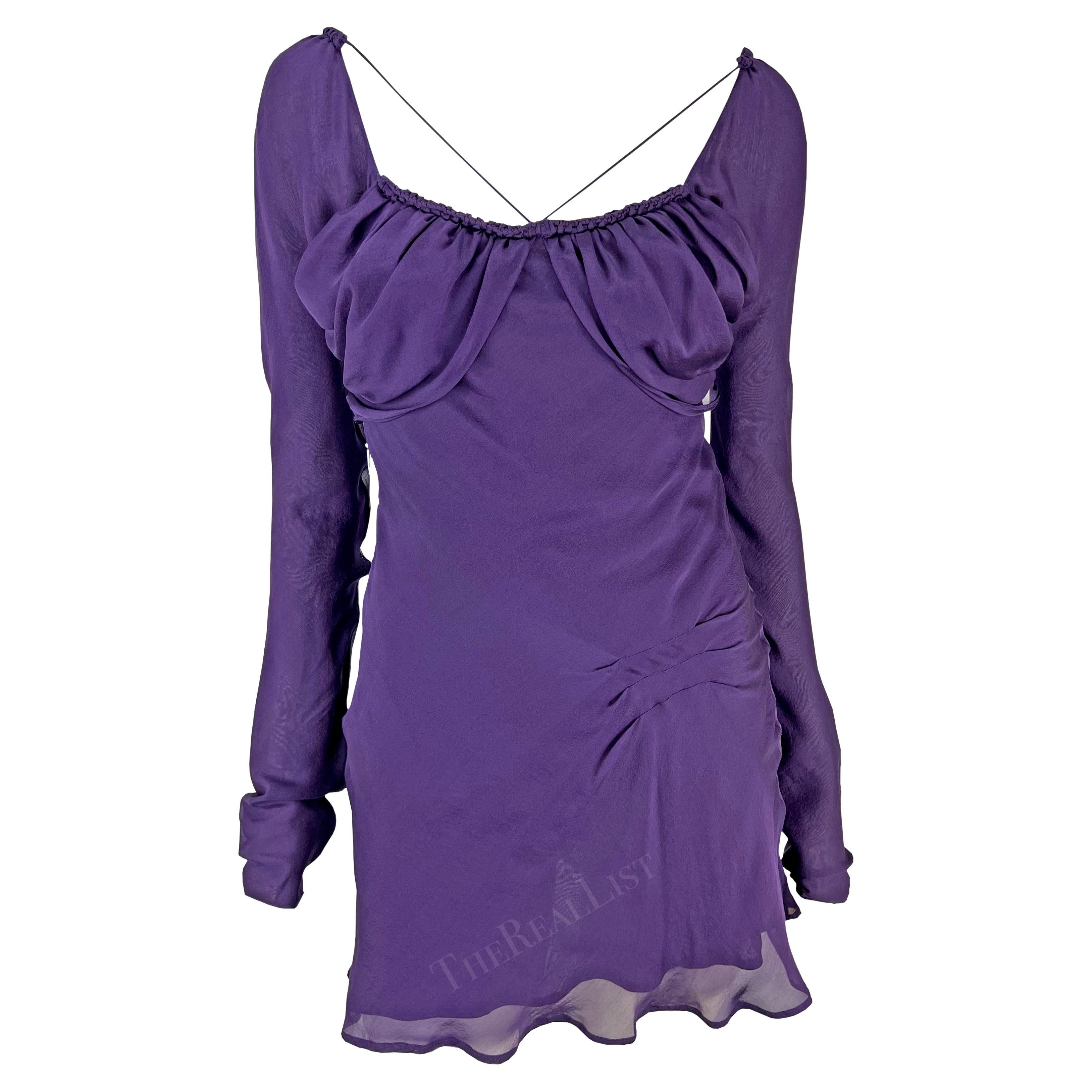 S/S 2003 Gucci by Tom Ford Deep Purple Long Sleeve Silk Chiffon Mini Dress For Sale
