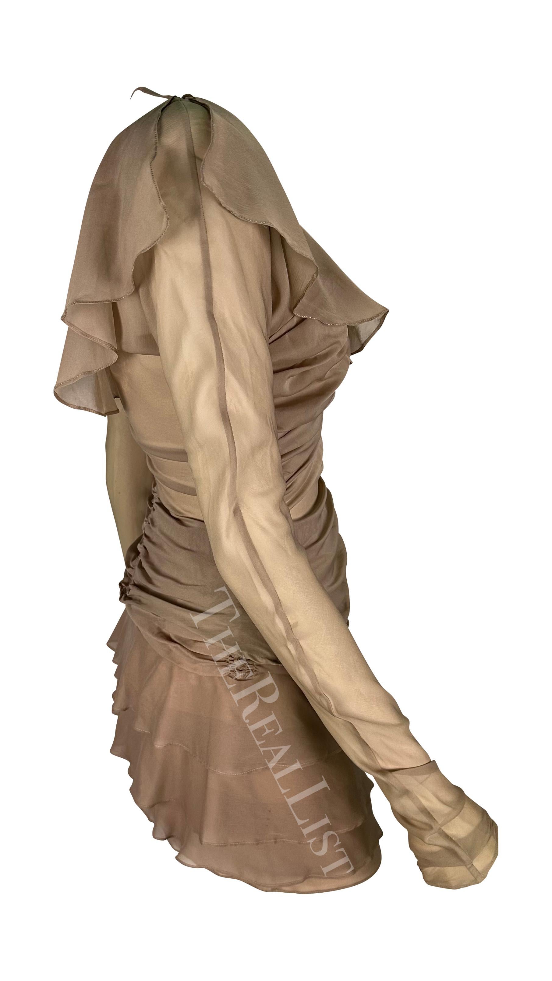 S/S 2003 Gucci by Tom Ford Dusty Pink Beige Sheer Chiffon Ruffle Skirt Set For Sale 6