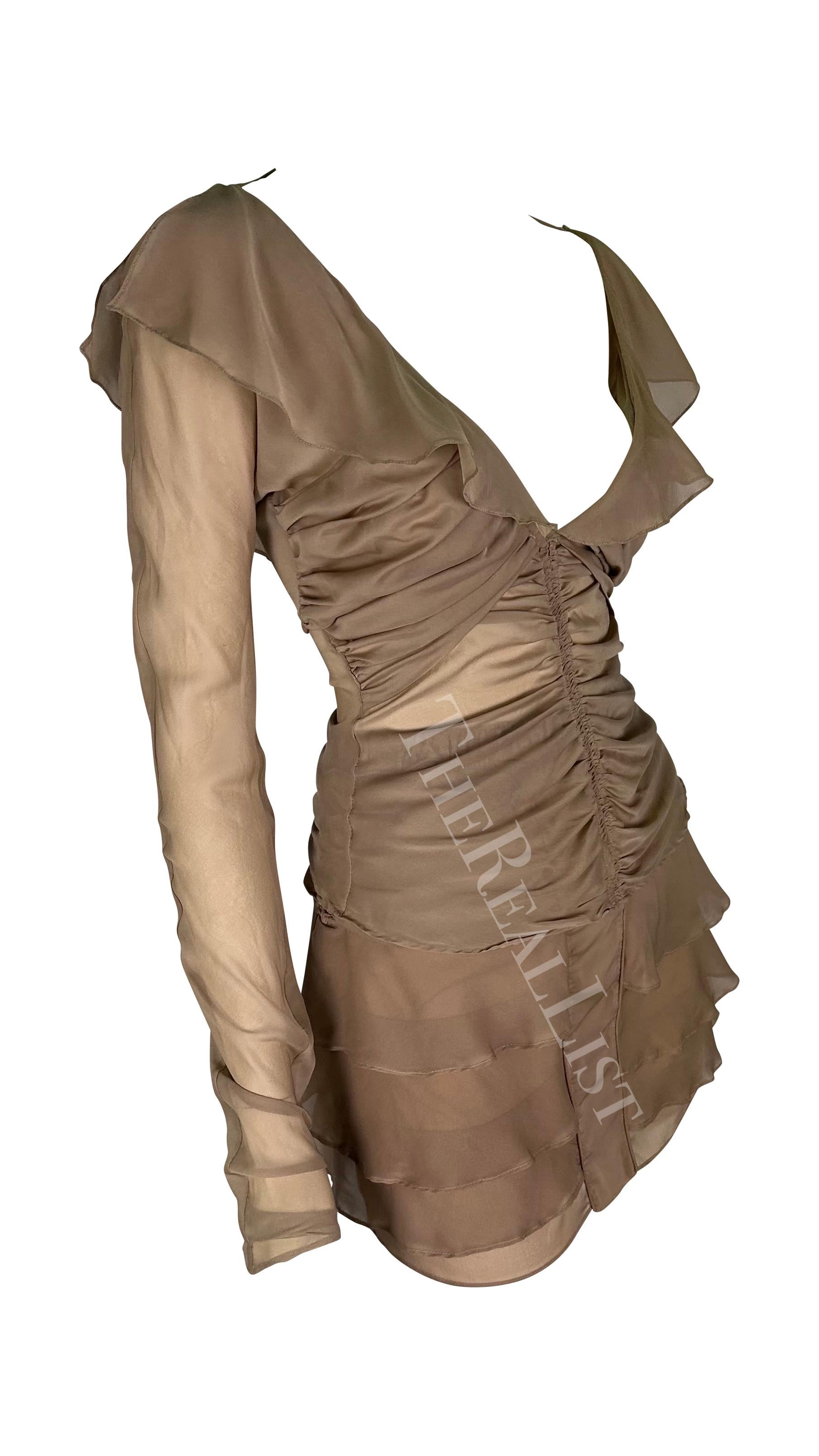 S/S 2003 Gucci by Tom Ford Dusty Pink Beige Sheer Chiffon Ruffle Skirt Set For Sale 7