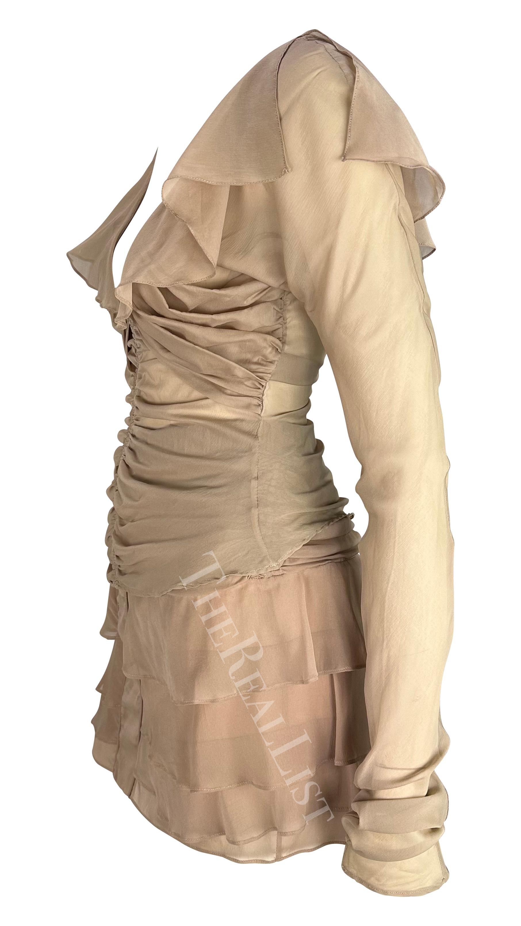 S/S 2003 Gucci by Tom Ford Dusty Pink Beige Sheer Chiffon Ruffle Skirt Set For Sale 2
