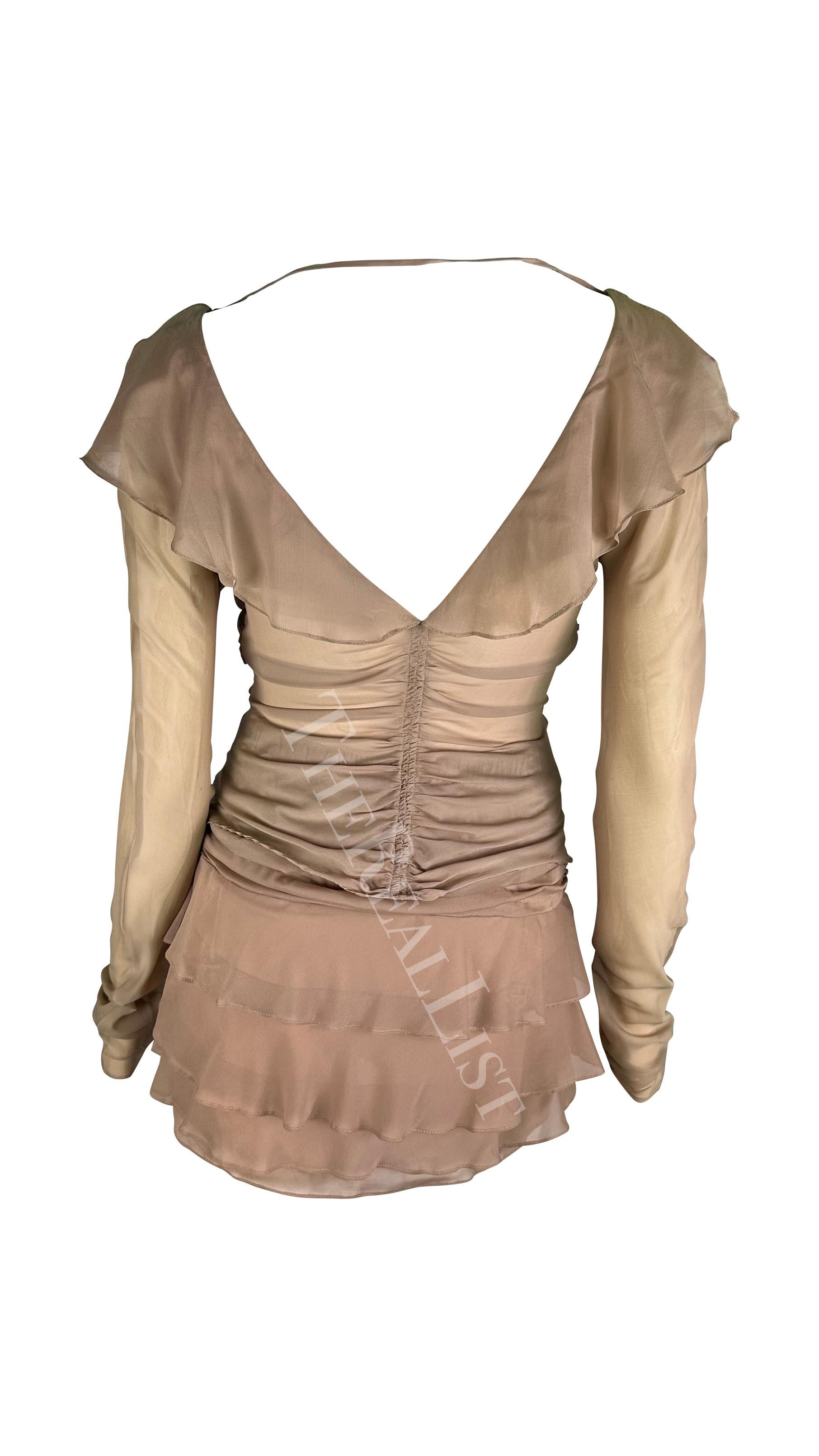 S/S 2003 Gucci by Tom Ford Dusty Pink Beige Sheer Chiffon Ruffle Skirt Set For Sale 1