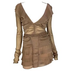 S/S 2003 Gucci by Tom Ford Conjunto de falda de volantes de gasa transparente rosa empolvado beige