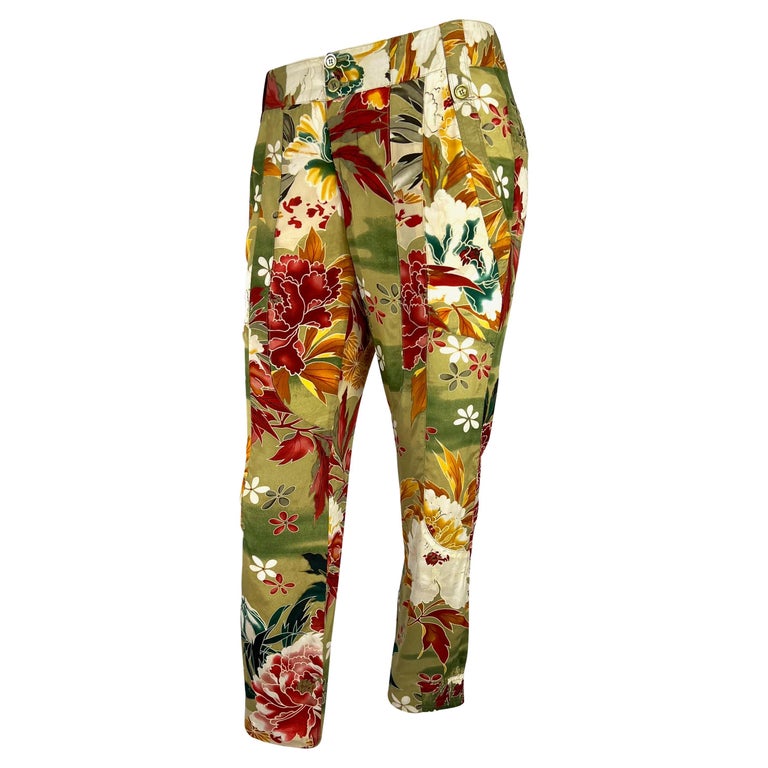 S/S 2003 Gucci by Tom Ford Green Floral Print Silk Pants For Sale at