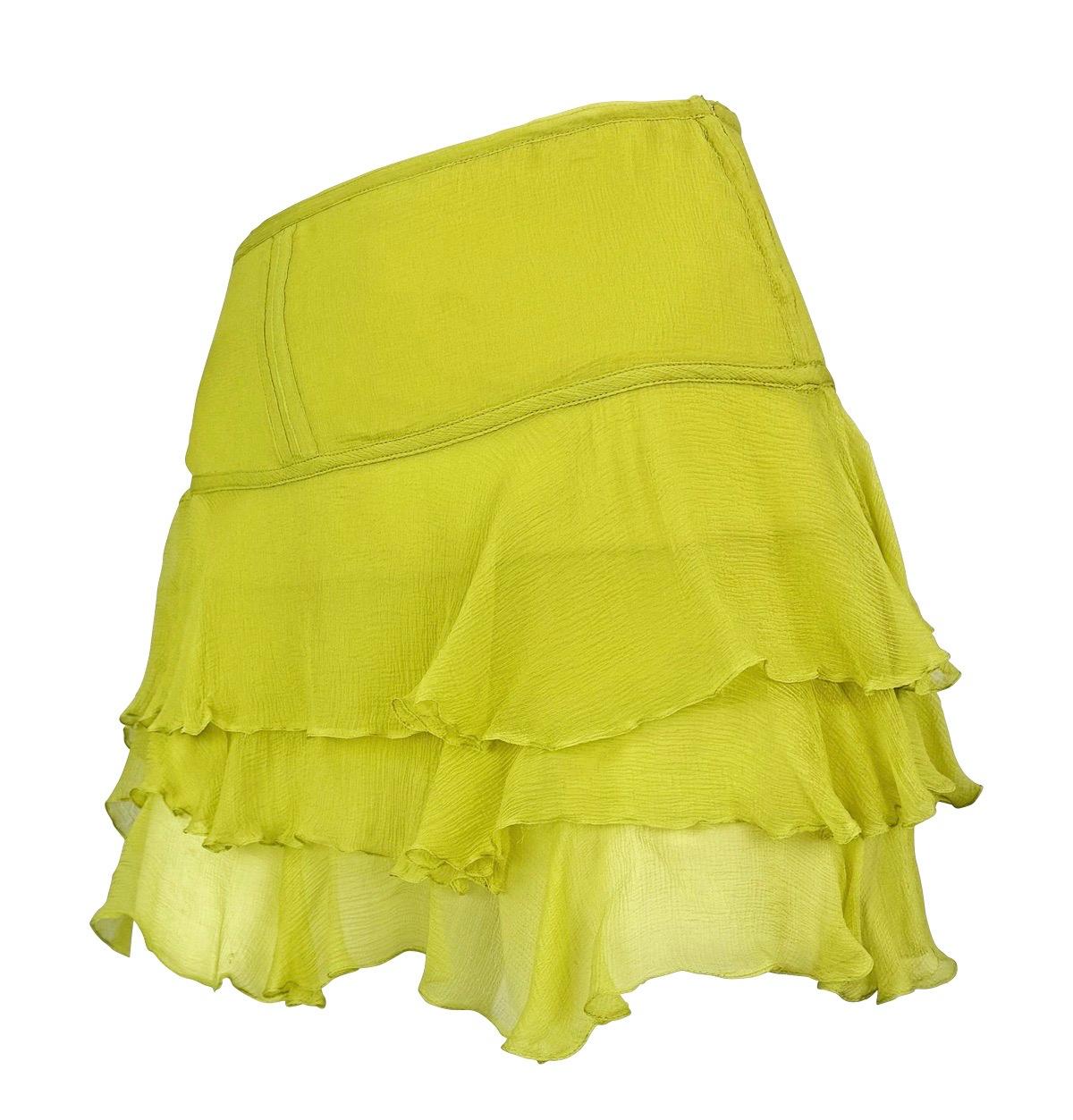 From Gucci’s Spring/Summer 2003 collection under Tom Ford, this light green chiffon mini skirt features tiered ruffle layers crafted from a soft semi-sheer silk. 

Approximate measurements:
Size - 42IT
Waistband to hem: 14