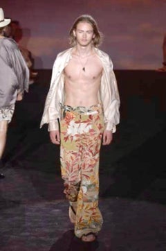 S/S 2003 Gucci by Tom Ford Olive Green Floral Silk Ruffle Plunge Dress