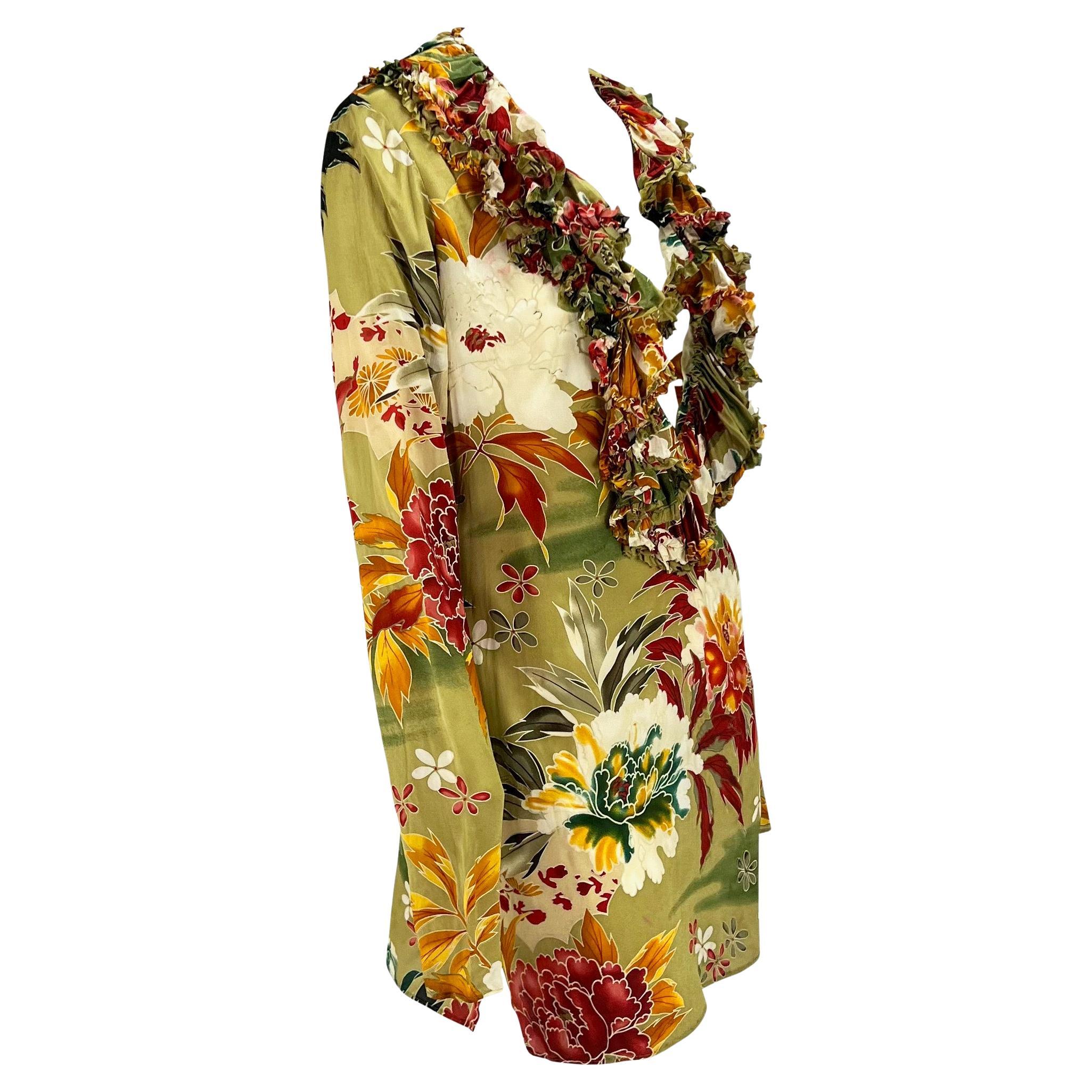 S/S 2003 Gucci by Tom Ford Olive Green Floral Silk Ruffle Plunge Dress In Good Condition For Sale In West Hollywood, CA