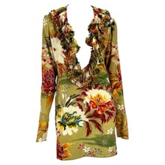 S/S 2003 Gucci by Tom Ford Olive Green Floral Silk Ruffle Plunge Dress
