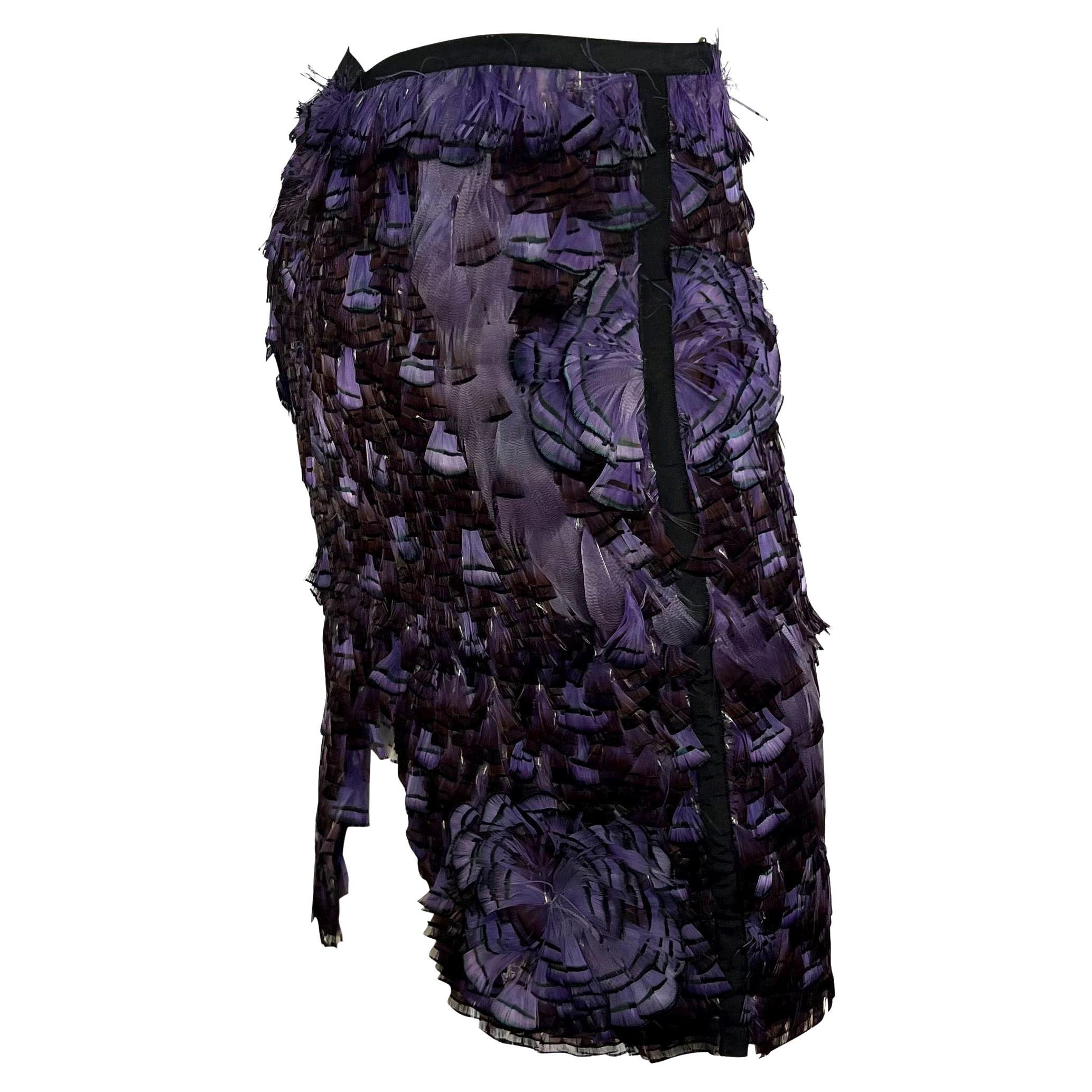 Black S/S 2003 Gucci by Tom Ford Purple Feather Embellished Silk Skirt  For Sale