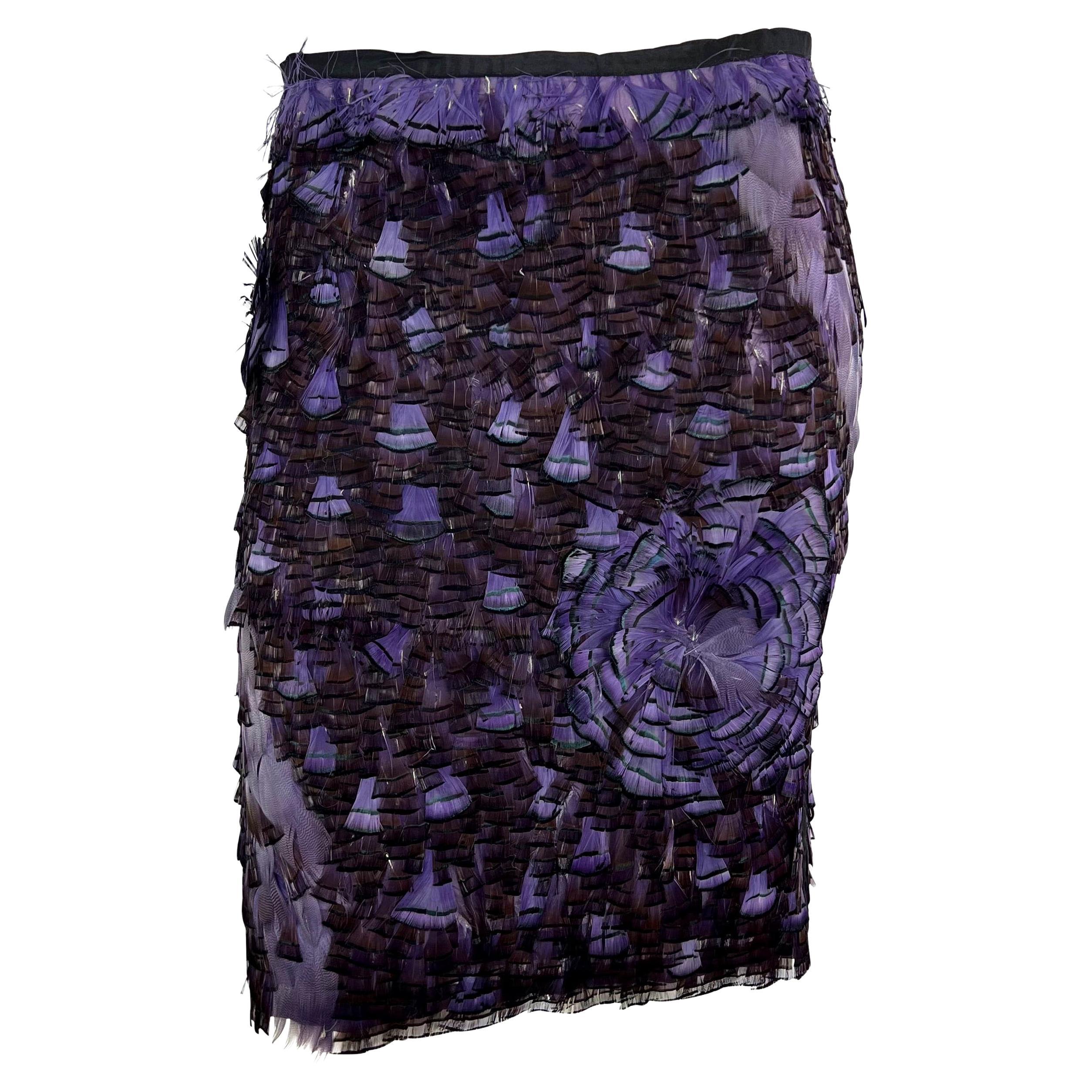 S/S 2003 Gucci by Tom Ford Purple Feather Embellished Silk Skirt  For Sale